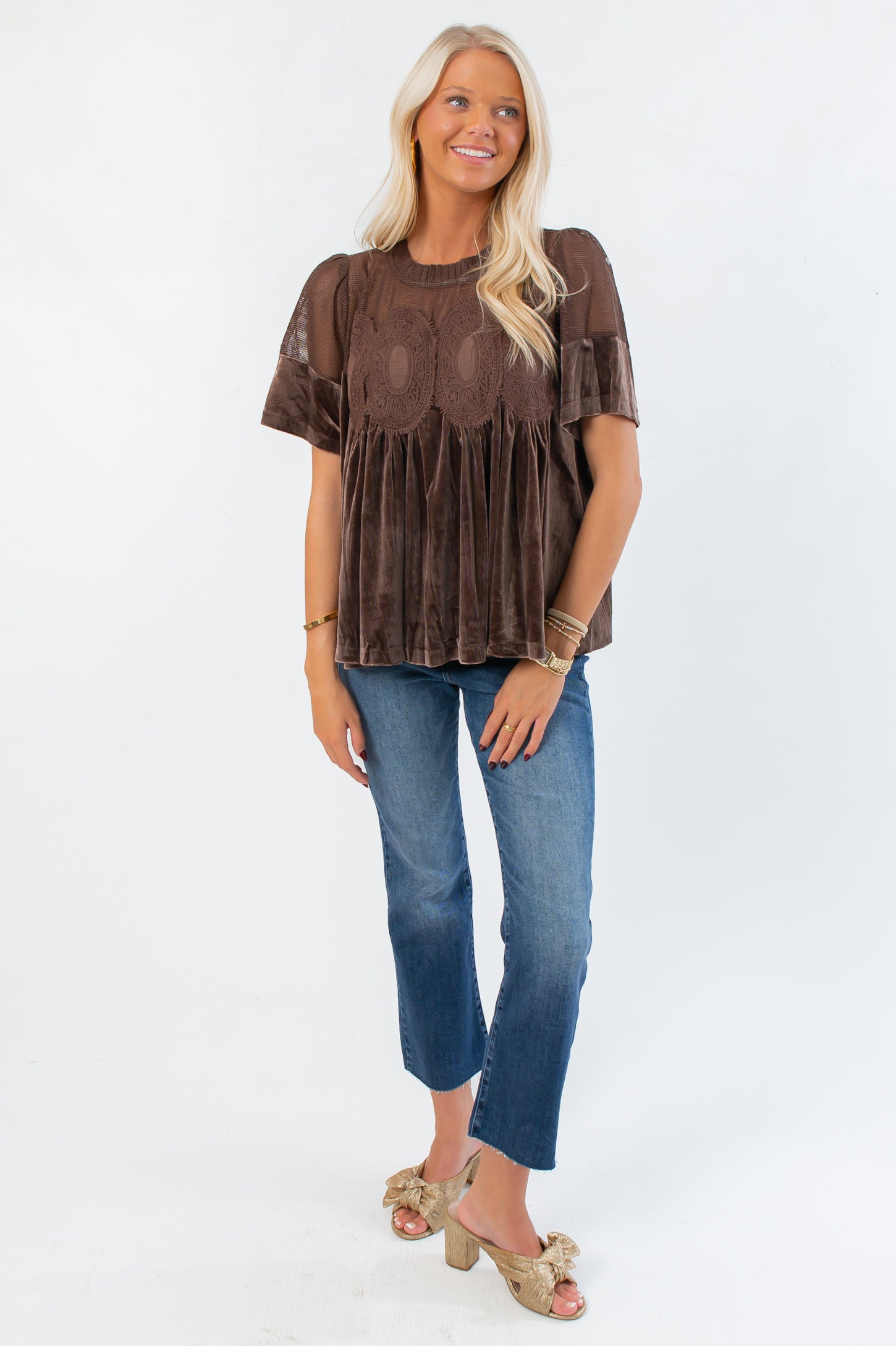 Front view of Lacy Brown Velvet Babydoll Top featuring sheer lace detail and velvet texture. Ideal fall fashion top for casual or work wear.