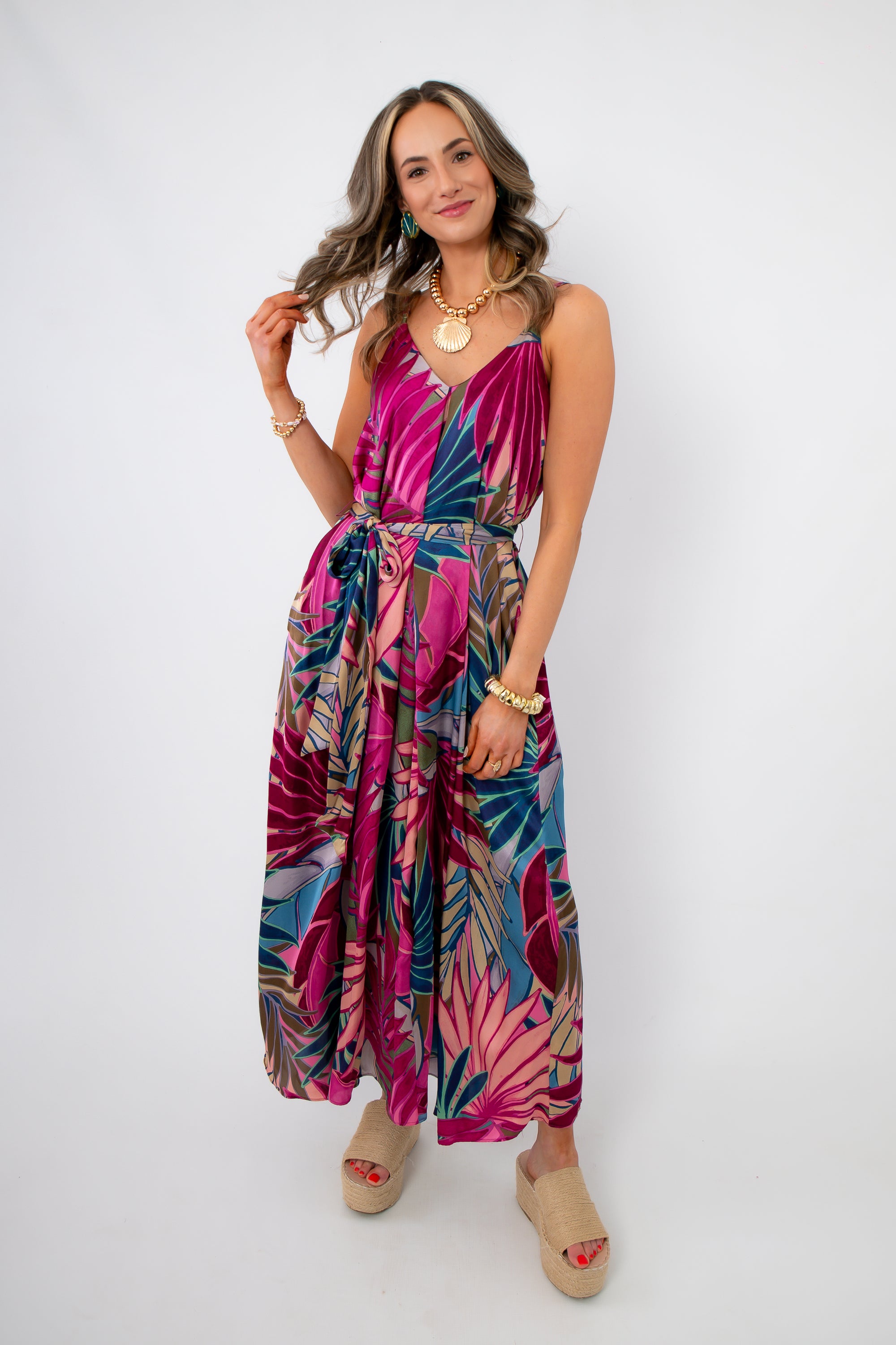 Stylish Summer Dress featuring a bold palm print in pink and blue tones, perfect for vacations and casual summer events.