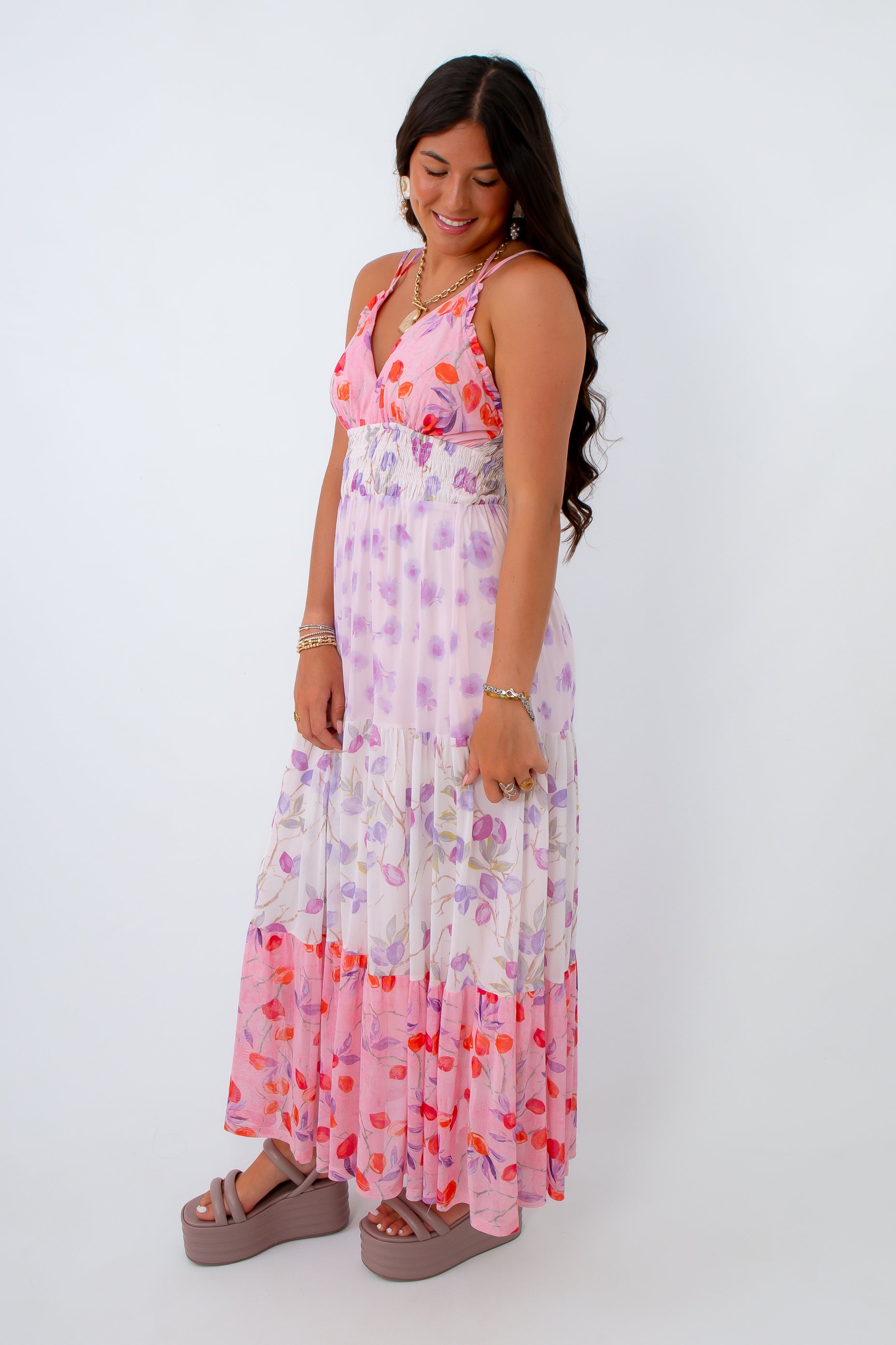 pink and purple mesh maxi dress
