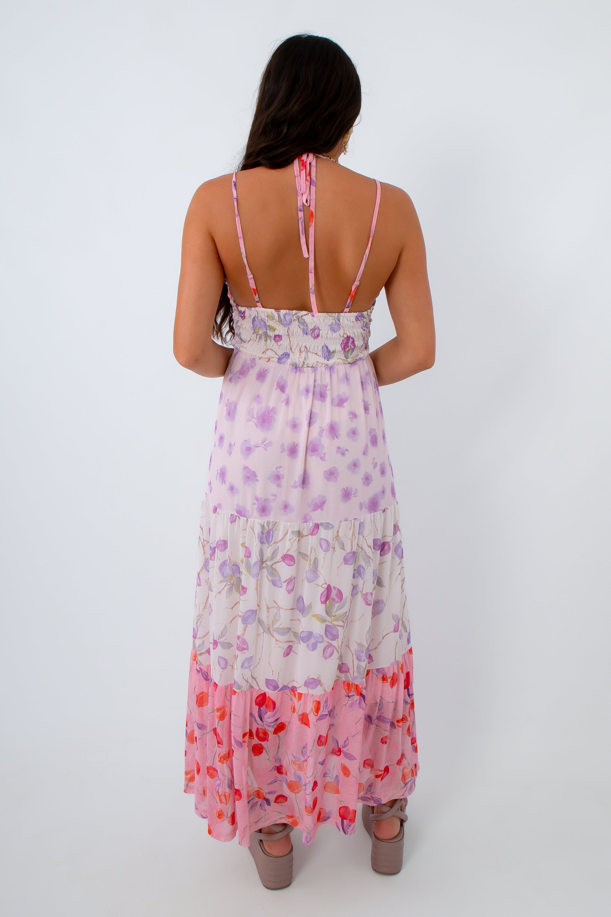 Summer Berry Bloom Mesh Maxi Dress