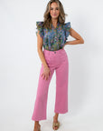 Pink high-rise wide leg denim jeans back view