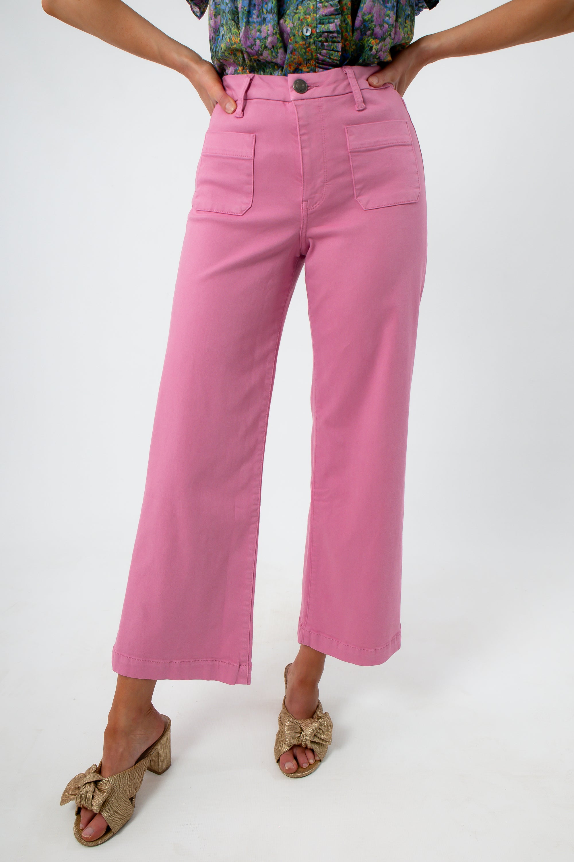 Pink high-rise wide leg denim jeans with front pockets