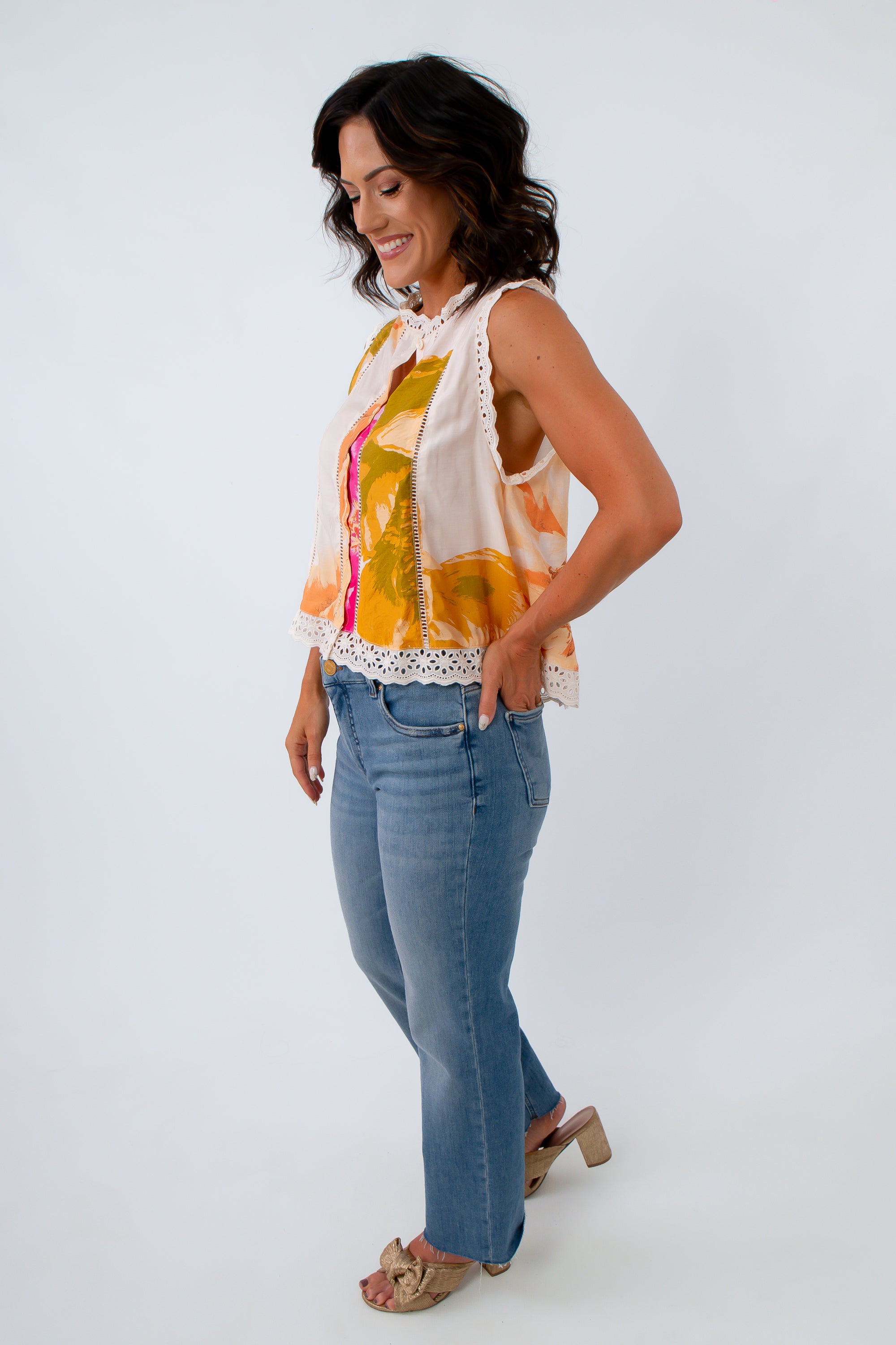 Marie Floral Eyelet Trim Sleeveless Top