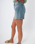Back view of women in denim shorts with frayed hem, green sweatshirt, casual summer look