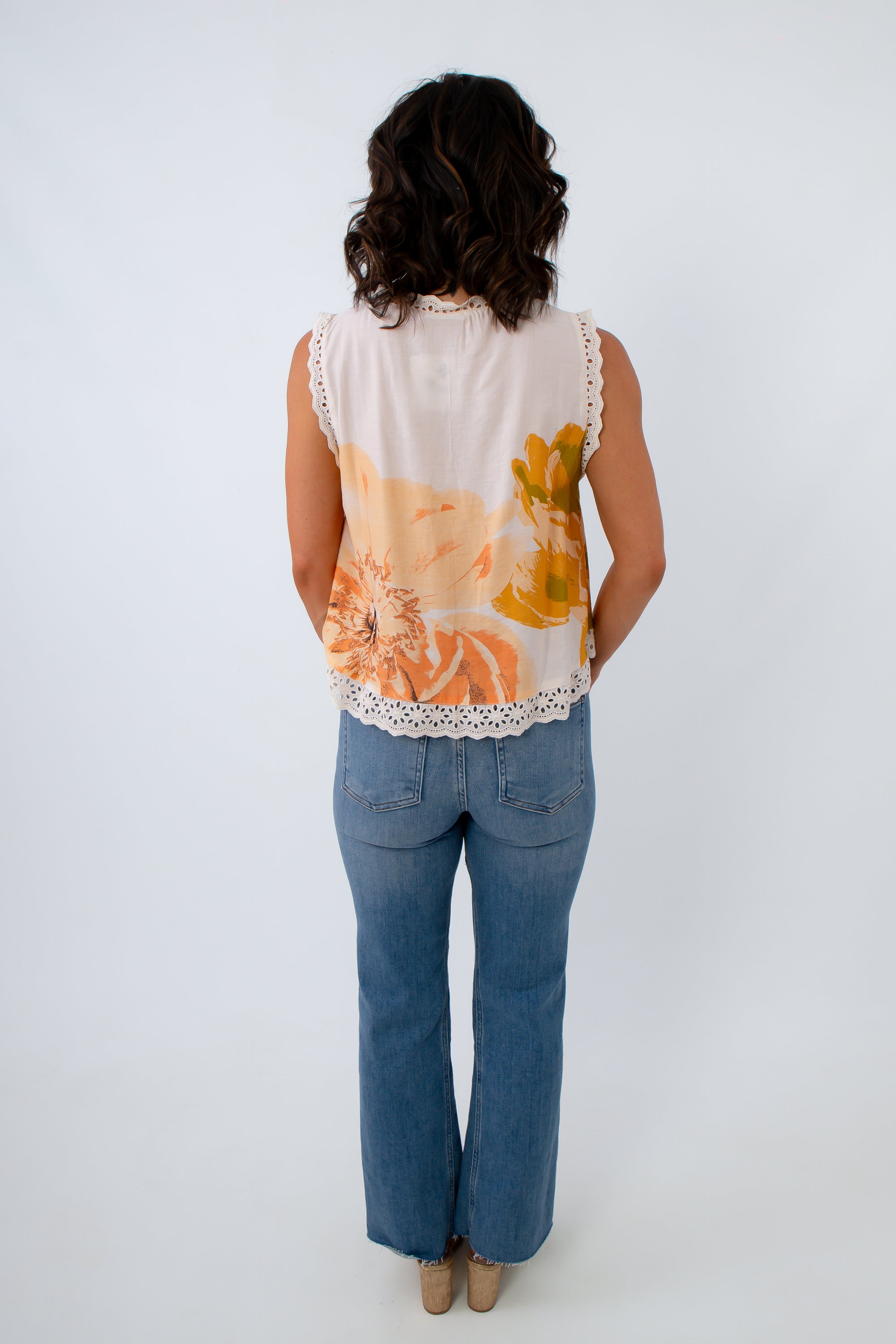 Marie Floral Eyelet Trim Sleeveless Top