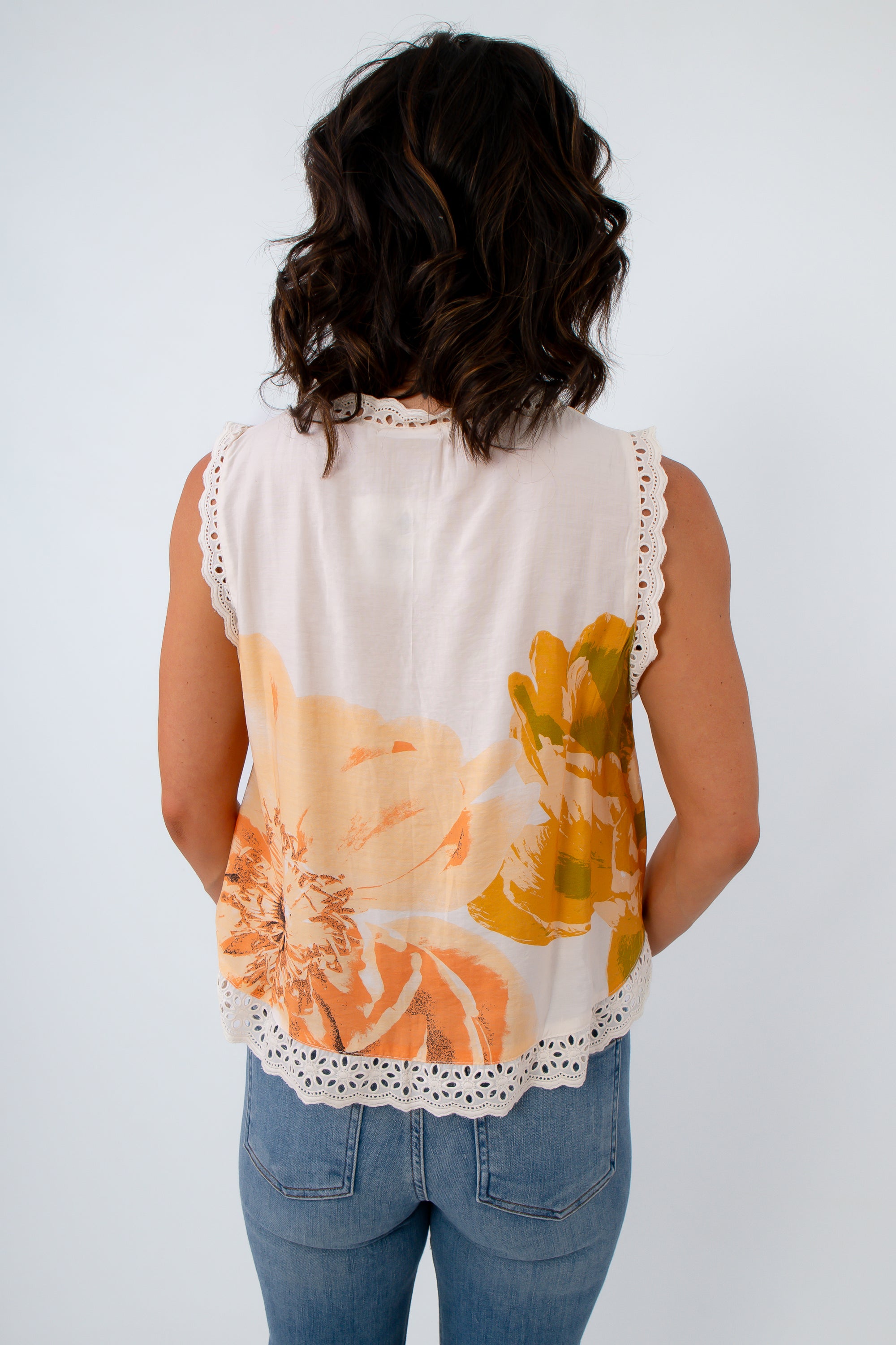 Marie Floral Eyelet Trim Sleeveless Top