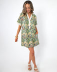 Green floral Martha’s Botanical Garden Collared Dress featuring a relaxed fit, button-down front, and side pockets, ideal for brunch or summer wear.