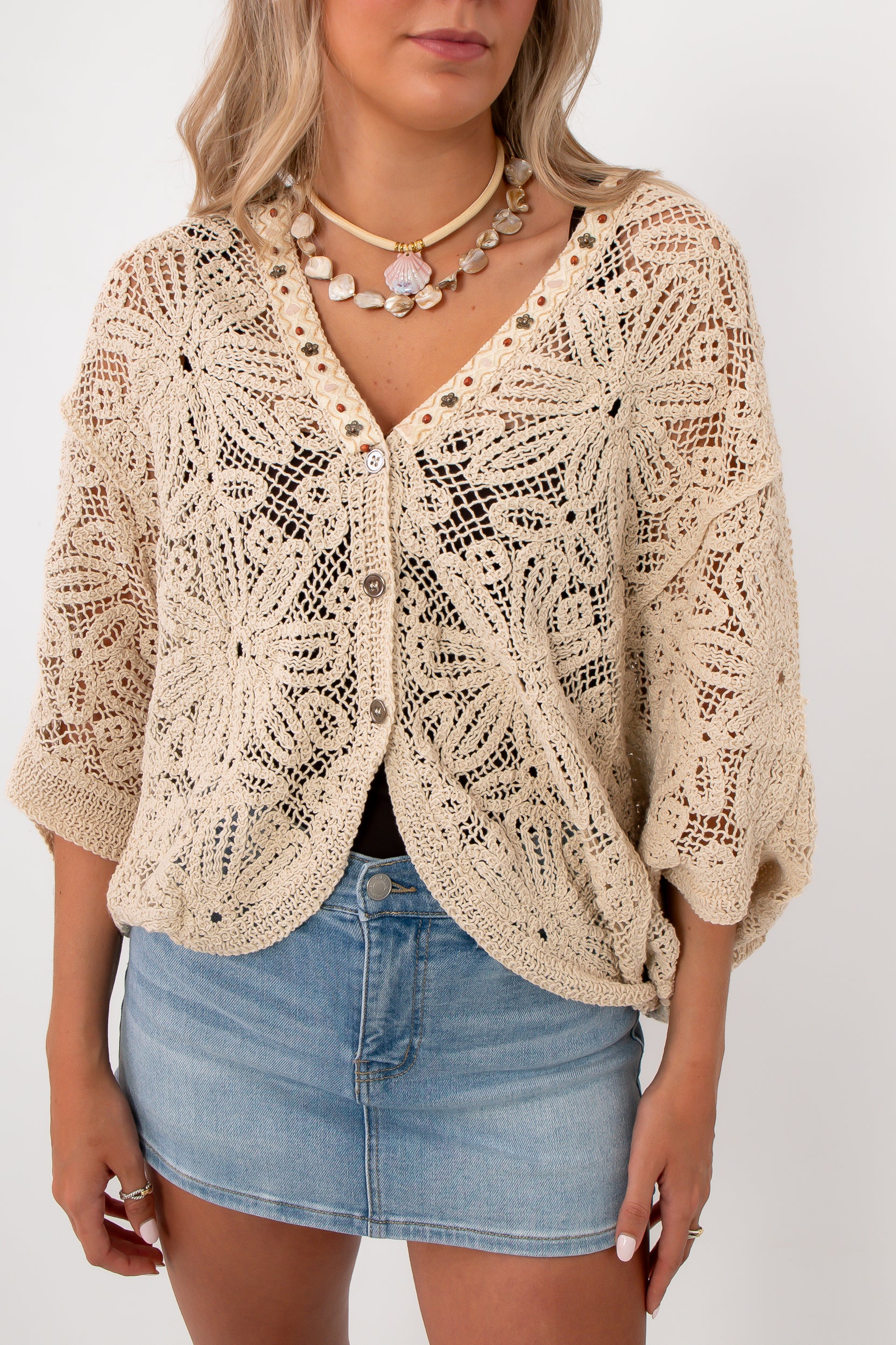 Beige crochet coverup cardigan with floral pattern, boho beach swim coverup