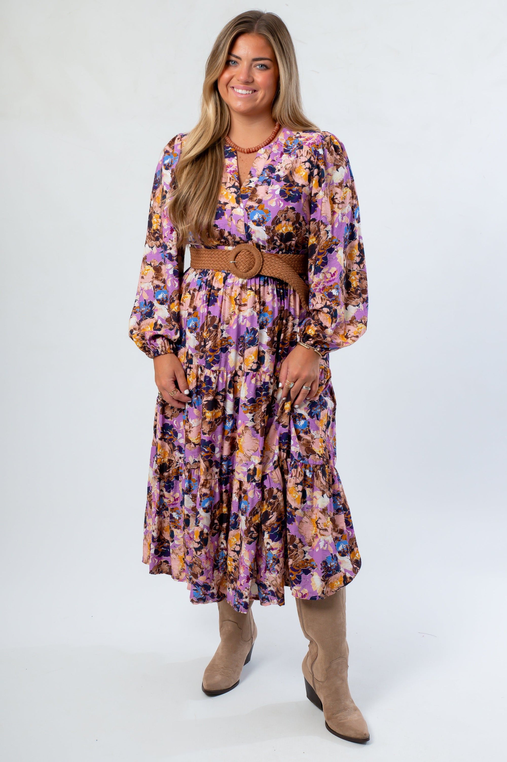 Jod Purple Print Maxi Dress featuring a flowy silhouette and floral multi-print, ideal for casual or gameday wear.