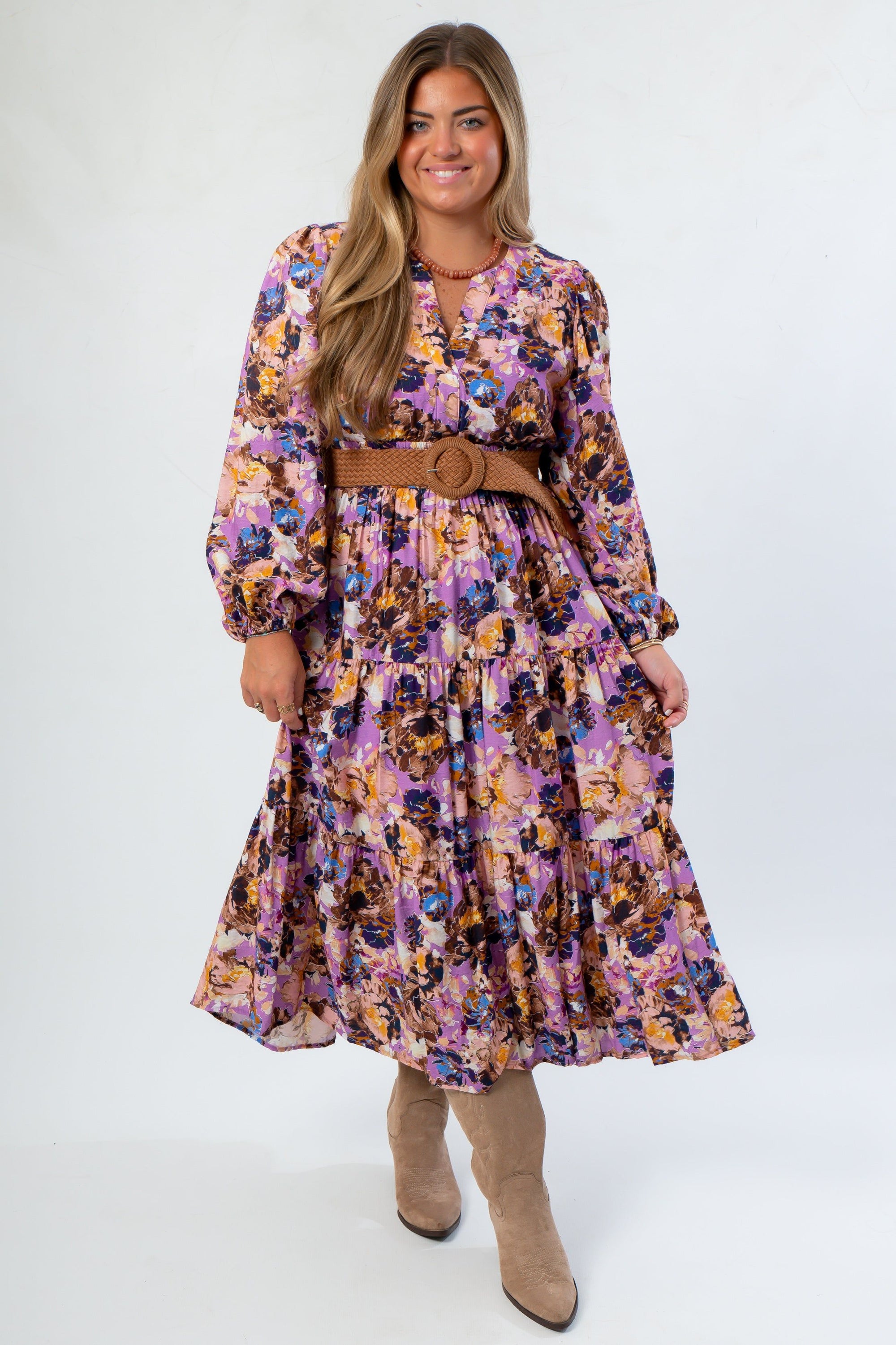 Jod Multicolor Maxi Dress - Purple Print Dress with long sleeves, tiered skirt, and braided belt, styled for fall fashion.