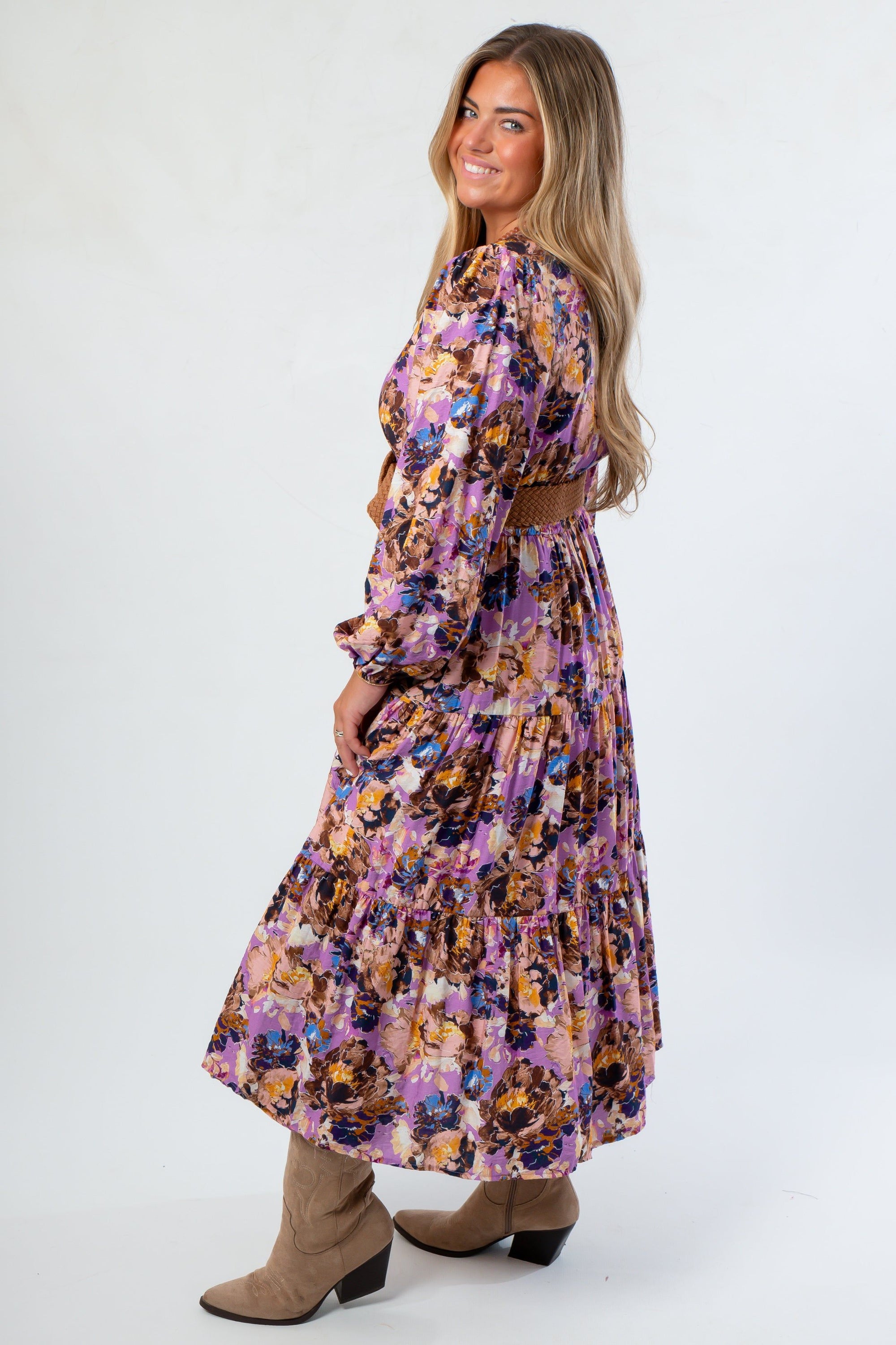 Side view of Jod Multicolor Maxi Dress - Purple Print Dress with flattering fit and boho-inspired floral design.