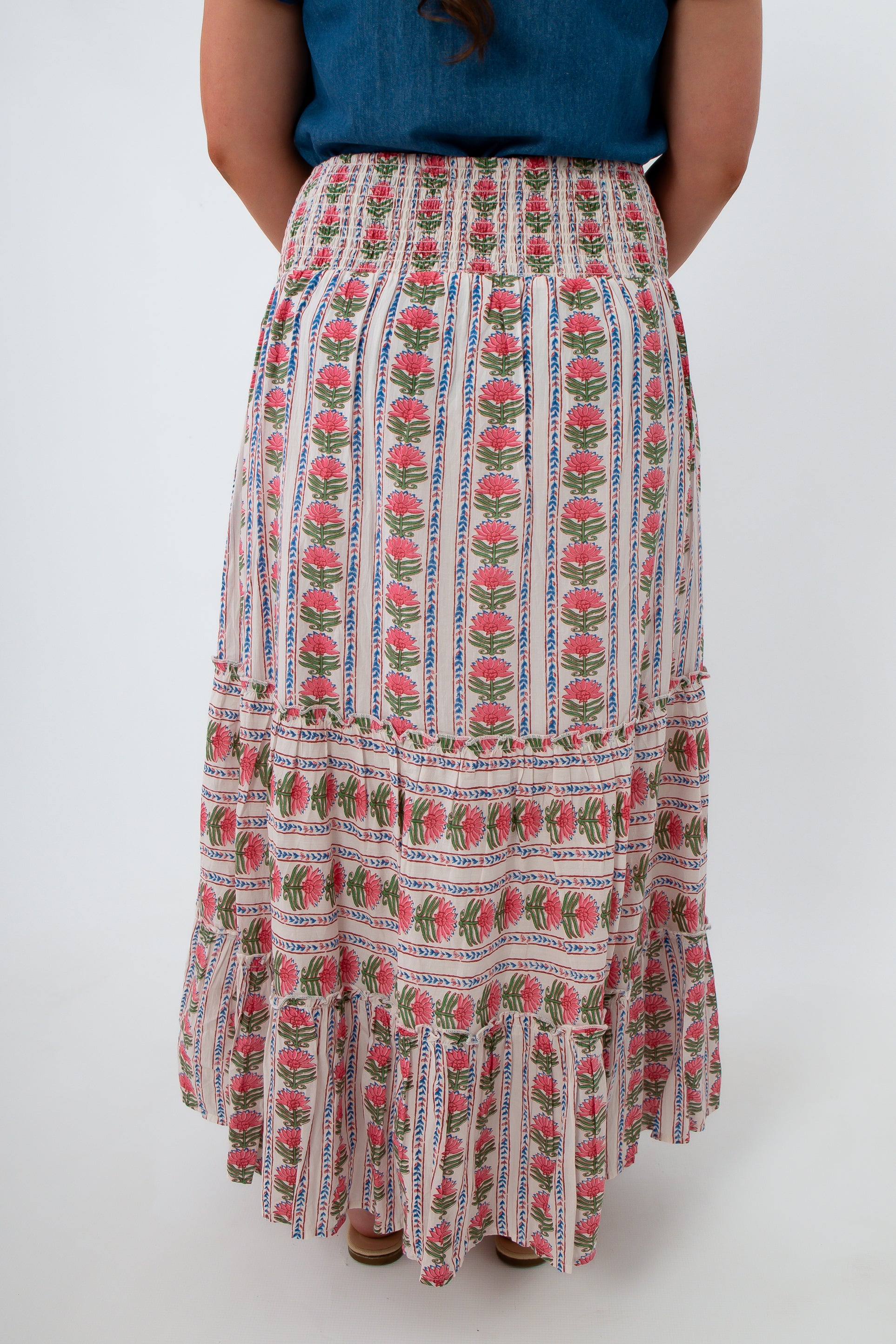 THML Carnation Cream Multi Smocked Waist Midi Skirt
