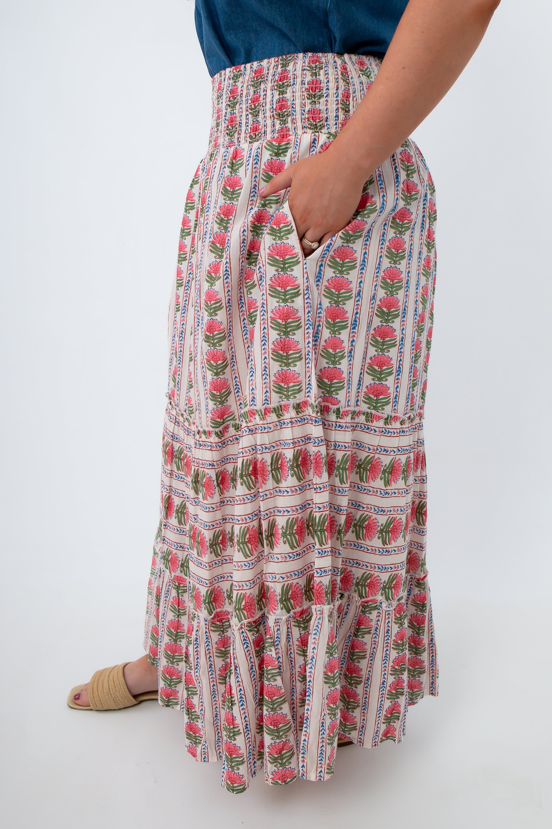 Back view of floral midi skirt with ruffled hem and elastic waist