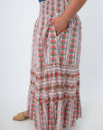 Back view of floral midi skirt with ruffled hem and elastic waist