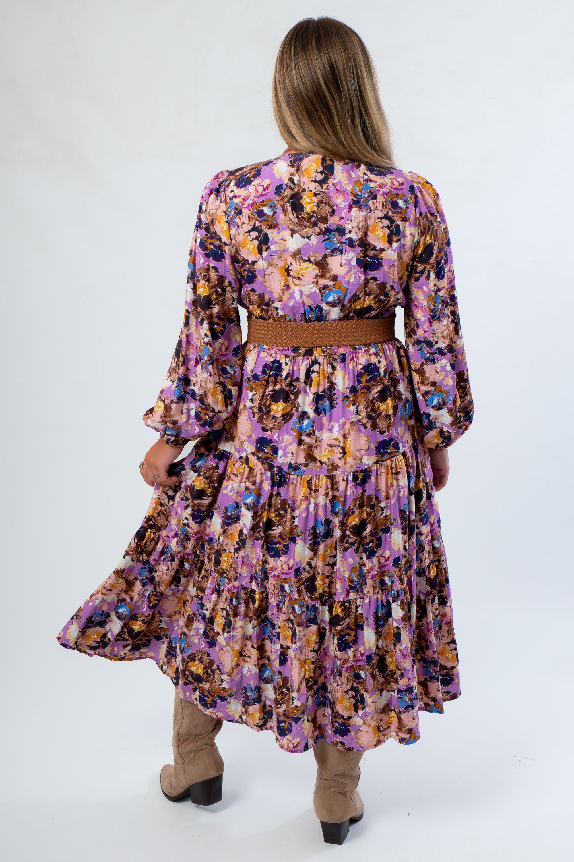 Back view of Jod Purple Multi Print Maxi Dress showcasing tiered layers and comfortable fit for seasonal styling.