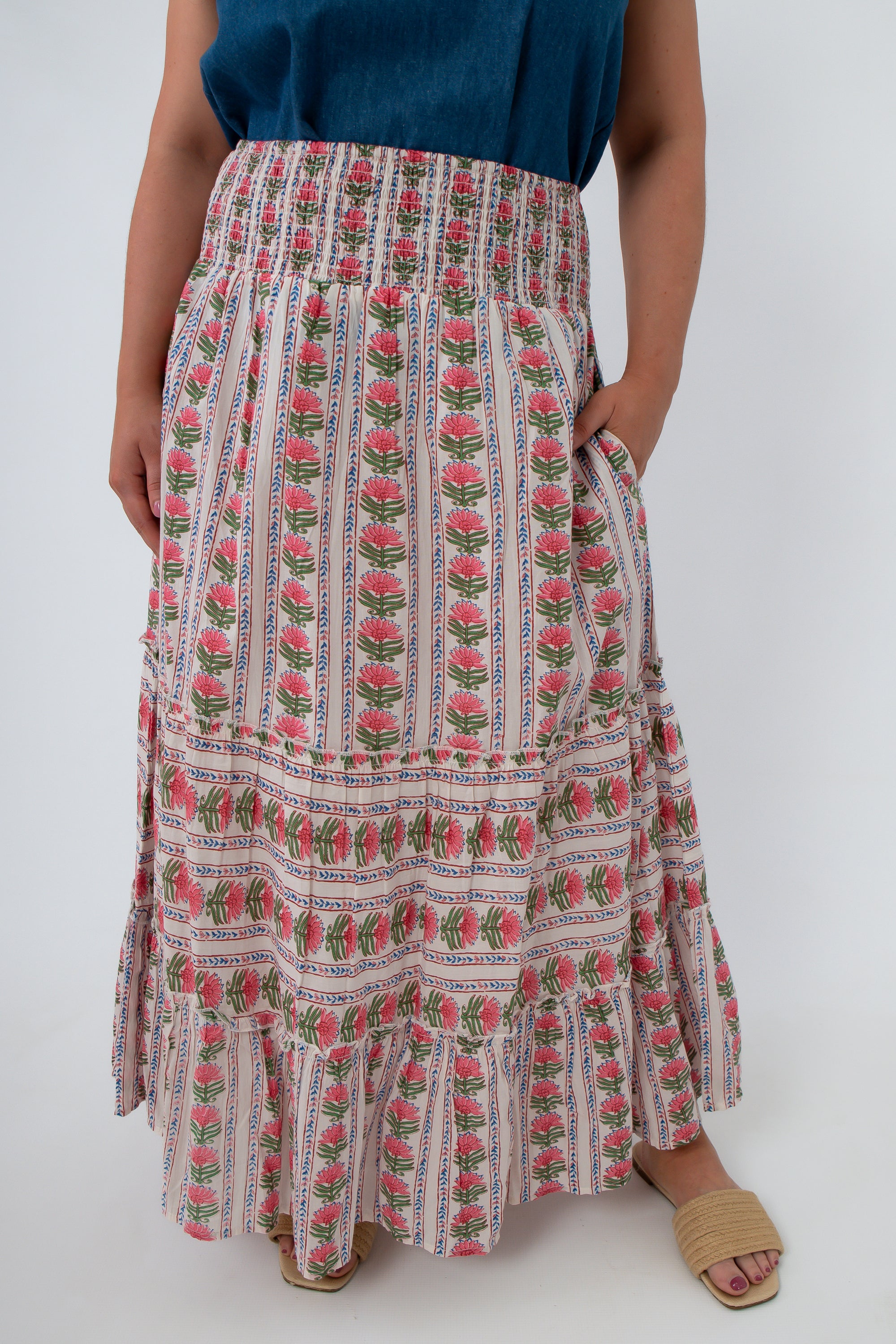 Close-up of floral printed midi skirt with pink flowers and striped pattern