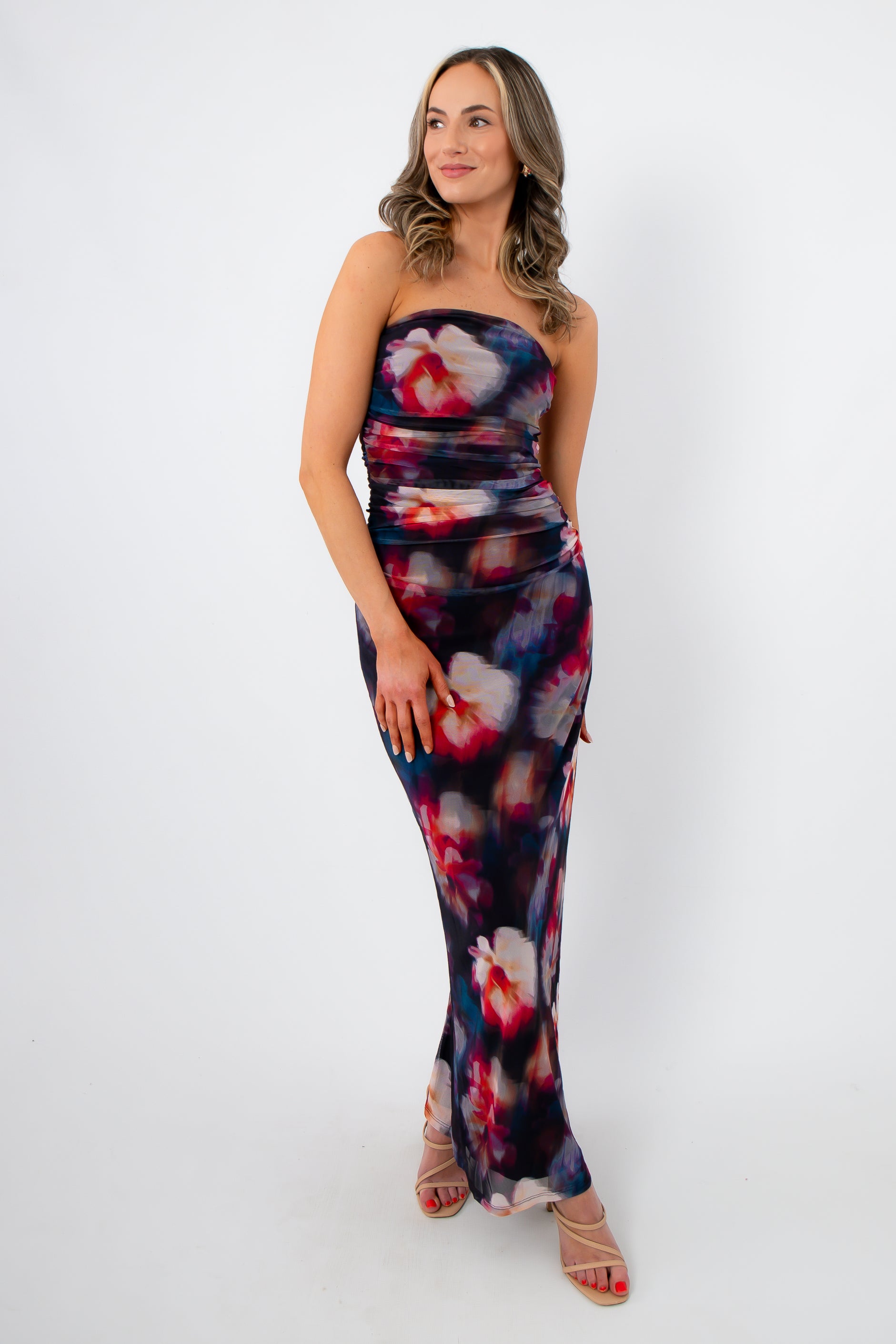 Amethyst Petal Mesh Maxi Dress – Elegant strapless floral spring dress with ruched bodice and flowing silhouette, ideal for weddings and events.