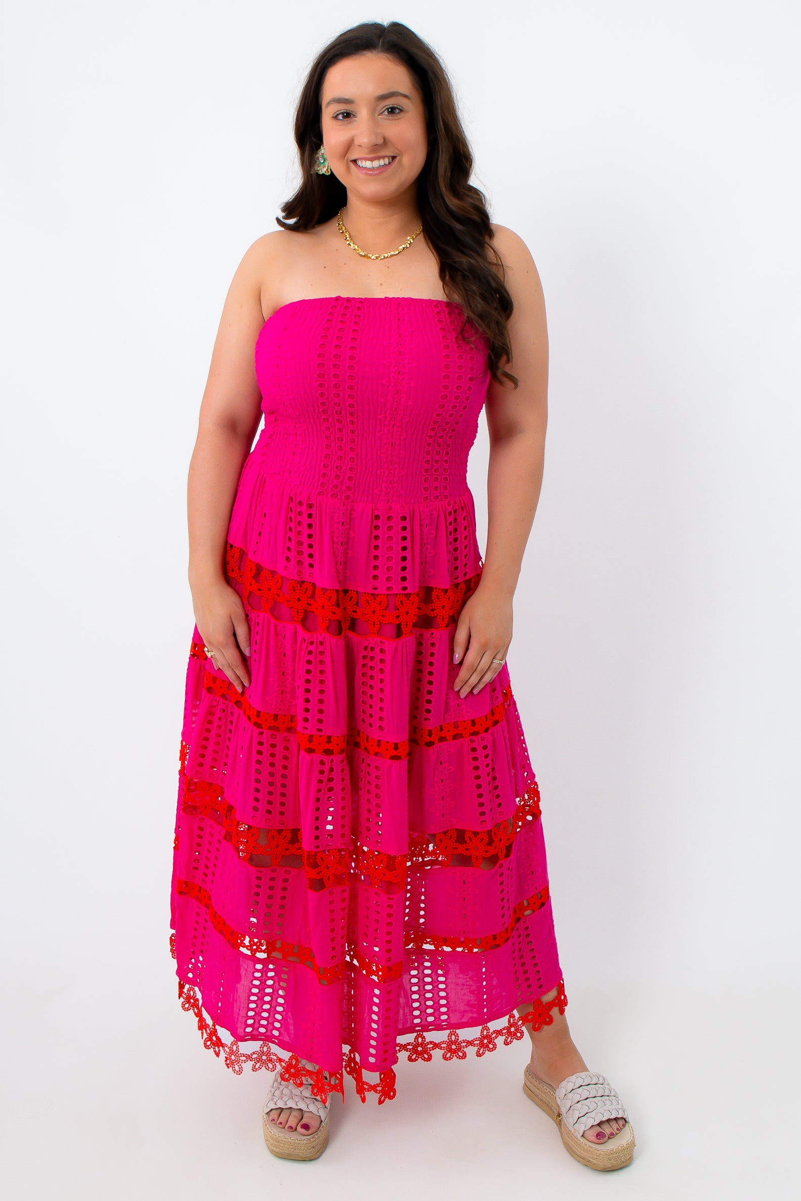Fuchsia Fuego eyelet strapless midi dress back view