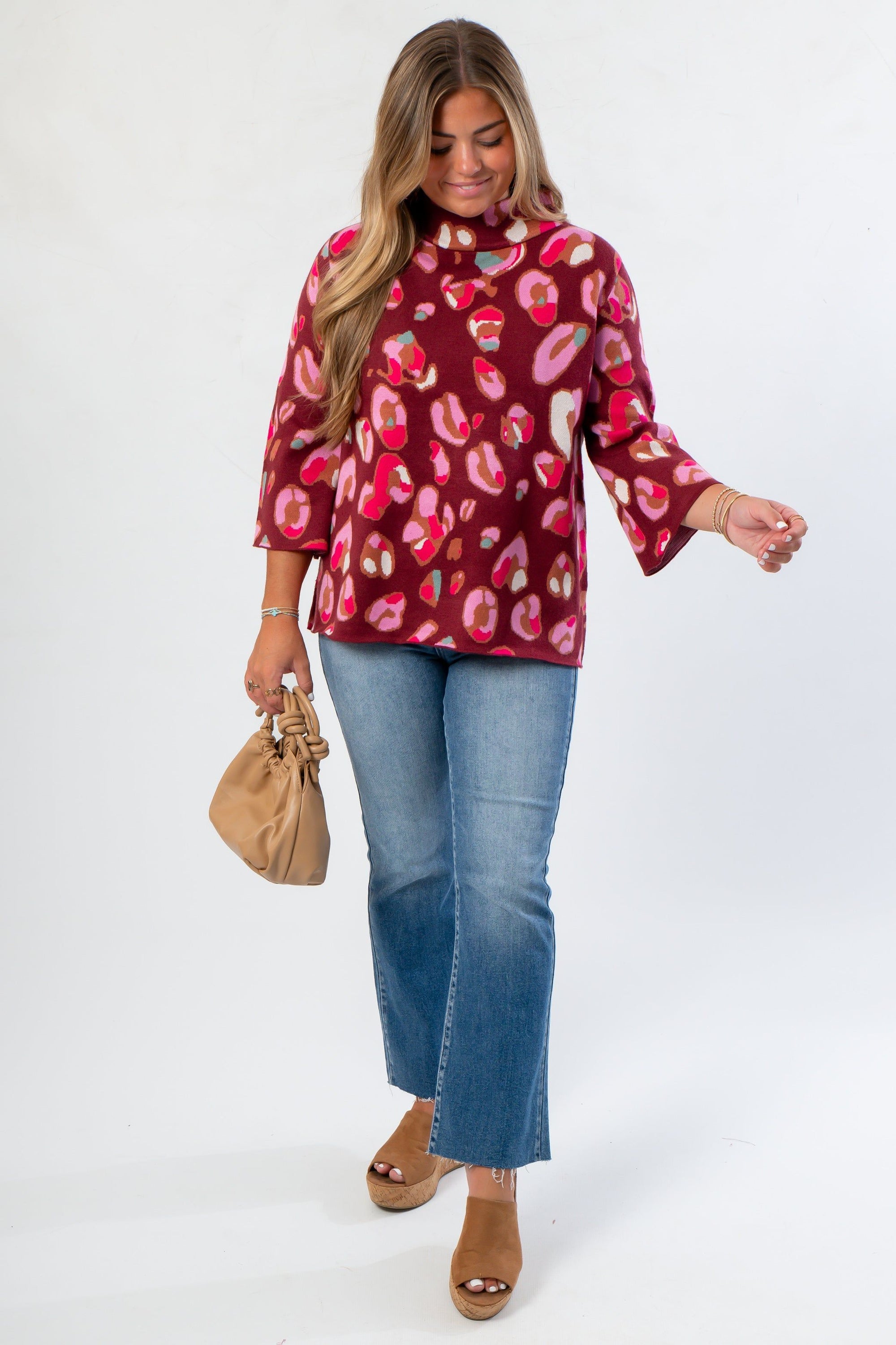 FA Multicolor Animal Print Mock Neck Sweater LM featuring vibrant hues and relaxed fit, ideal for stylish fall outfits and casual wear.