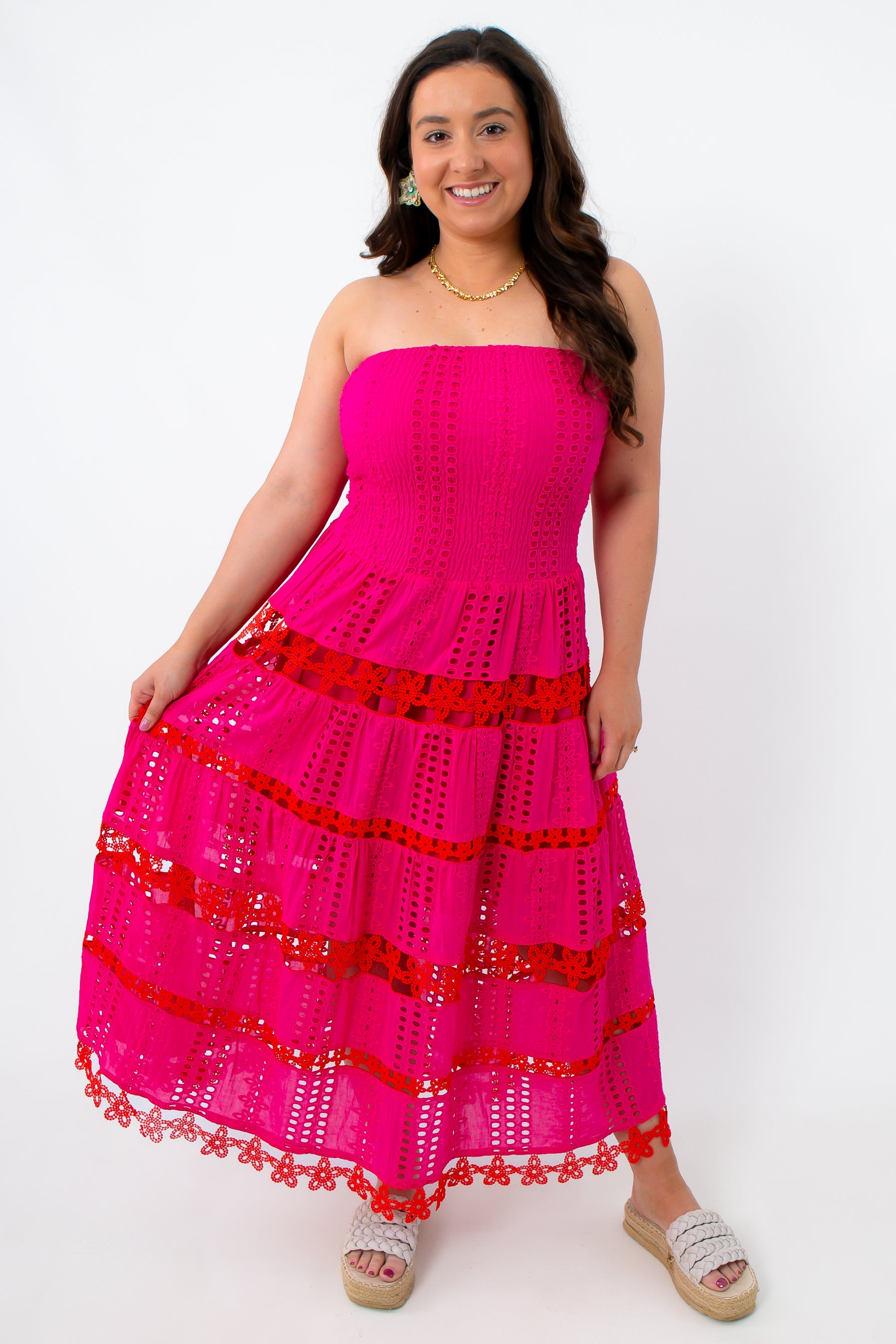 Fuchsia Fuego eyelet strapless midi dress front view