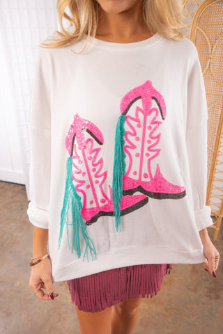 Kick Up Your Boots Sequin Fringe Sweatshirt-BiBi-L. Mae Boutique