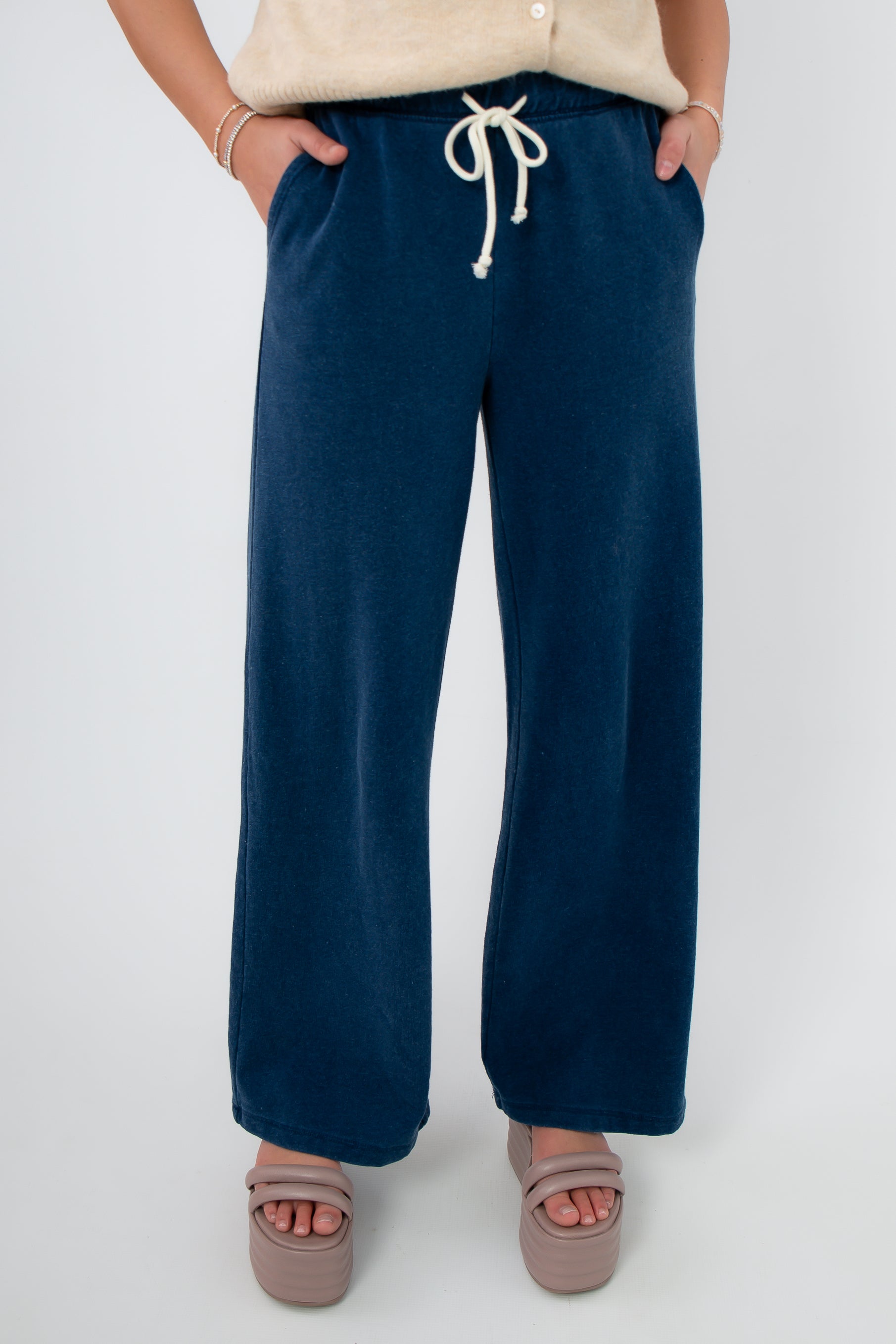 Z Supply Indigo Hunter Knit Denim Pant in soft knit blue fabric with drawstring waist and relaxed jogger fit, ideal for lounge or travel wear.