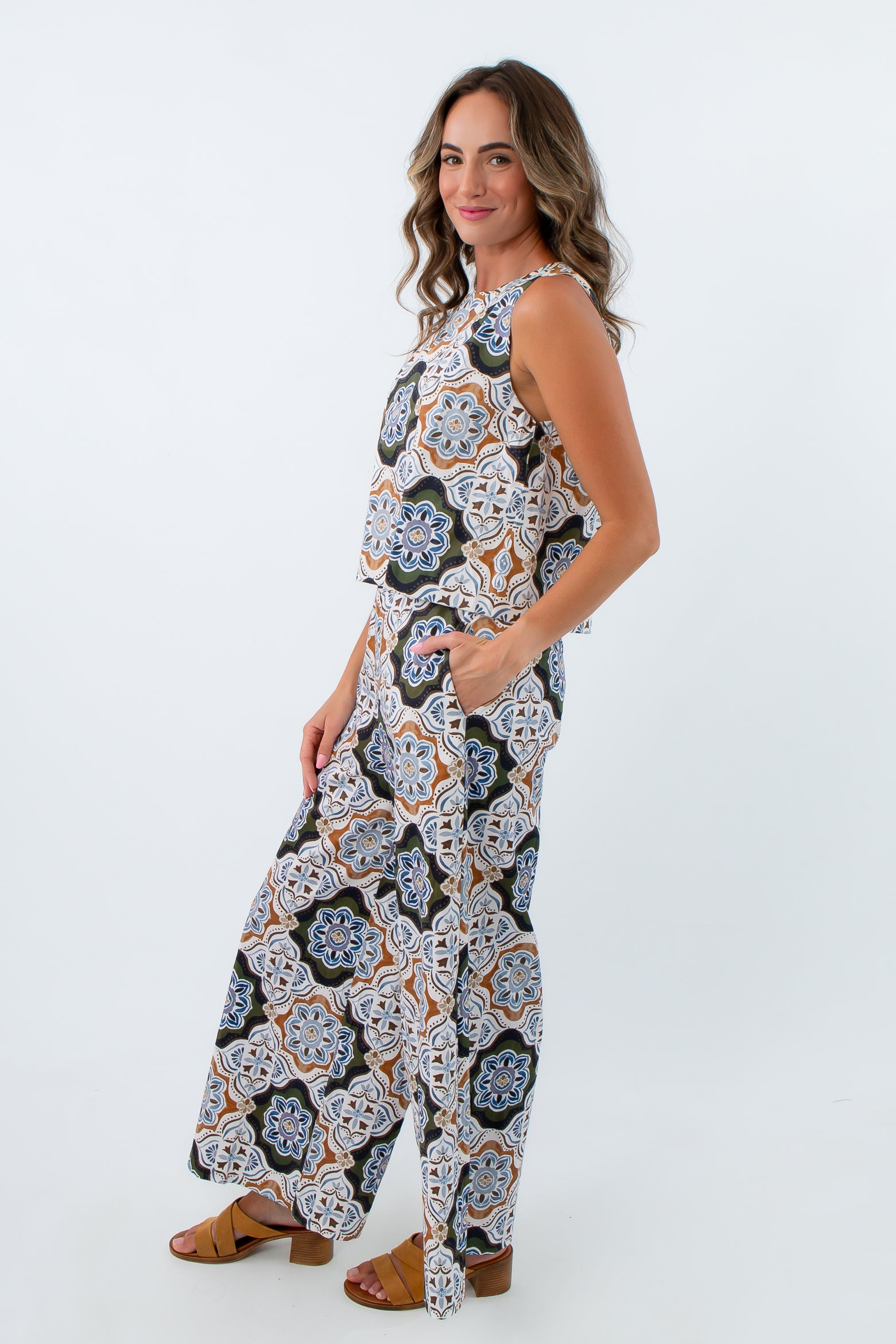 Blue white green and orange patterned pants for work, mosaic patterned matching set, matching pants set, patterned pants set