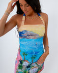 Beachy coastal painting print mini dress with halter neckline for vacation dress, summer dress, vacation look