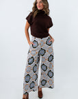 High rise patterned pants, high rise trousers, patrerned trousers, blue white and green pants