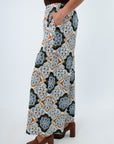 Wide leg pants with elastic waistband for fall workwear, patterned trousers, patterned pants for the office