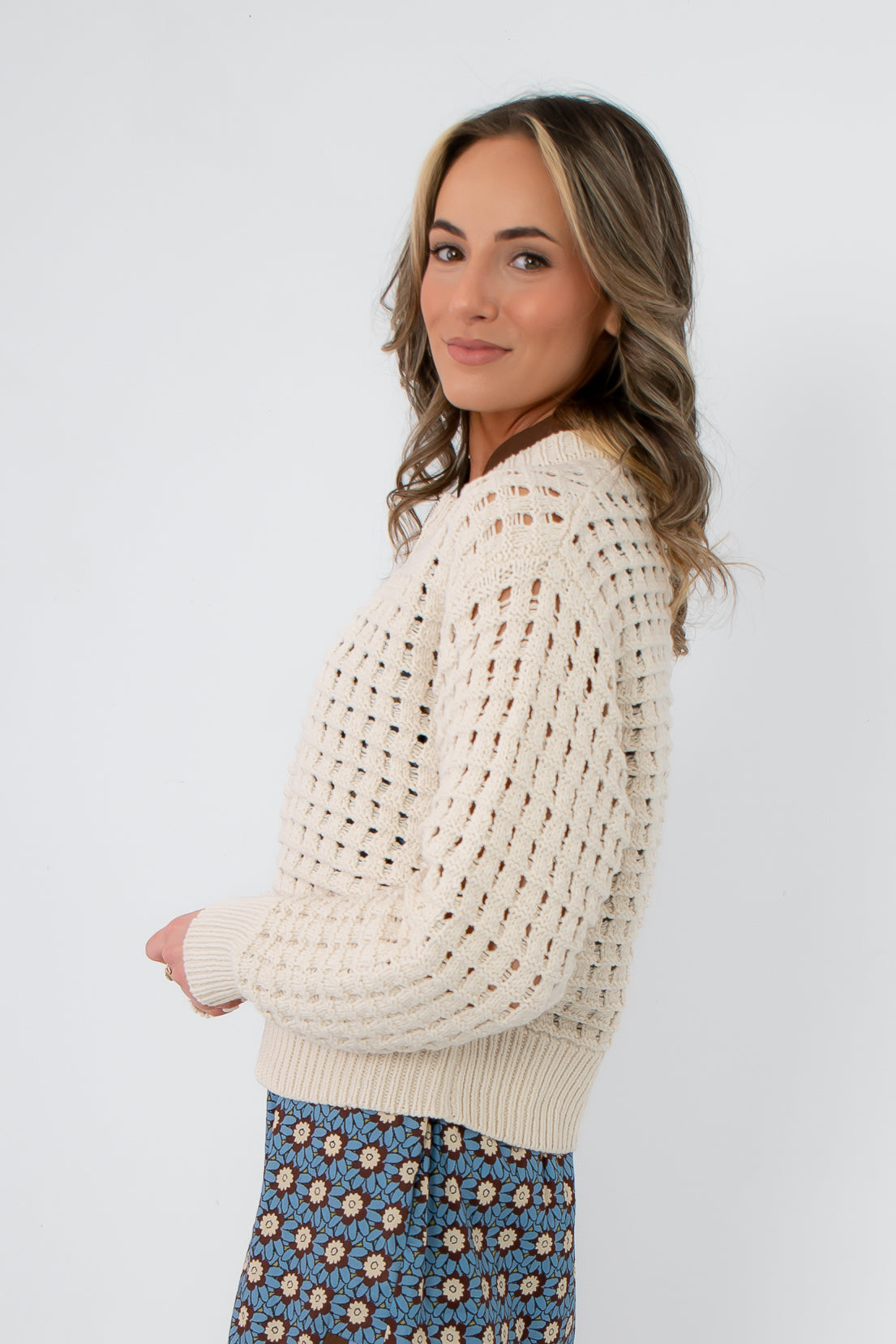 Side view of Z Supply Crystal Logan Sweater Jacket highlighting breathable knit texture and ribbed hem. A cozy spring layering essential.