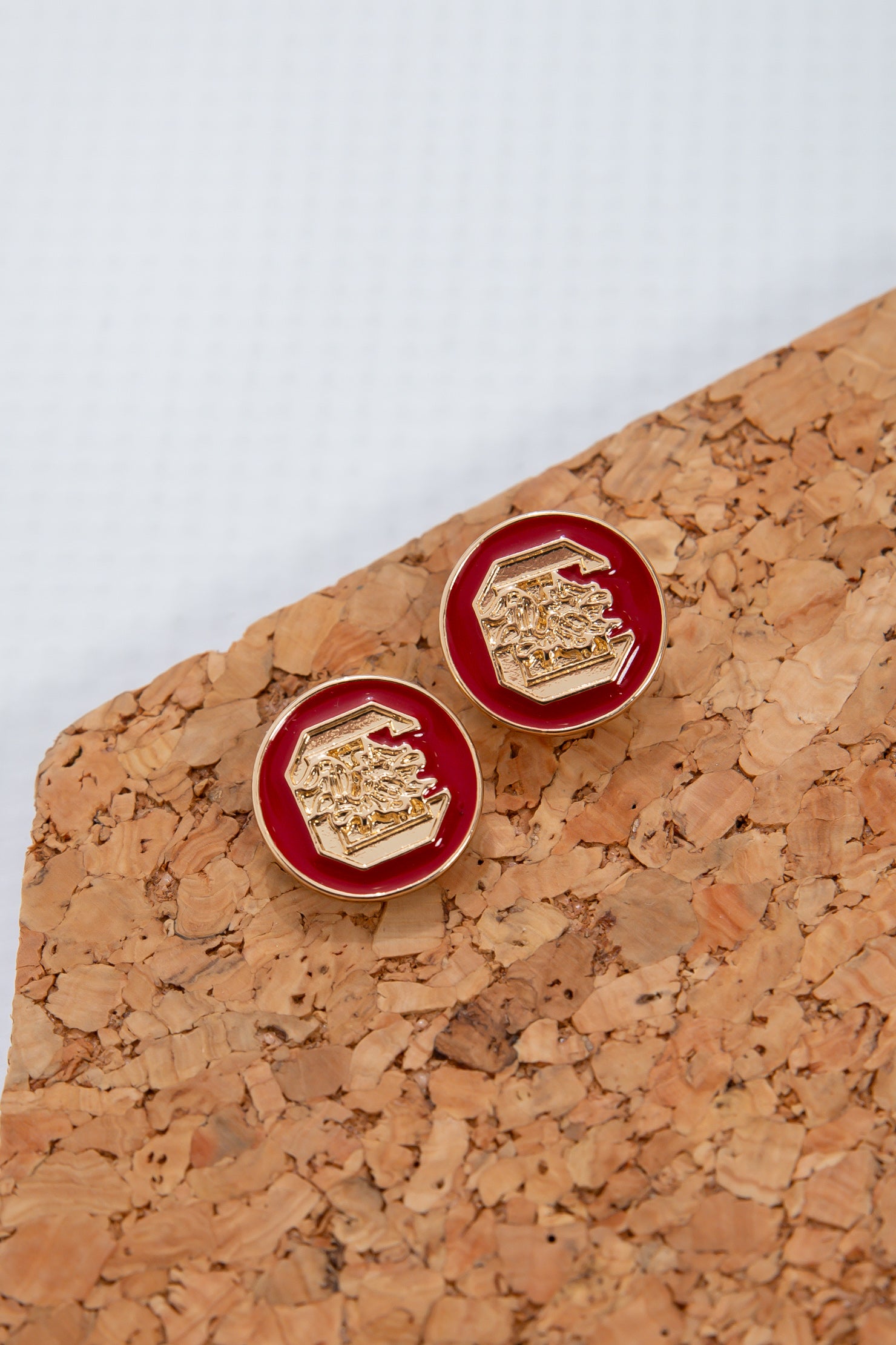 USC Earrings - Gamecocks Circle Stud featuring gold-tone logo on red enamel background, perfect for gameday fan jewelry and team spirit wear.