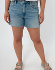 High-waisted light wash denim shorts with frayed hem, women's summer jean shorts