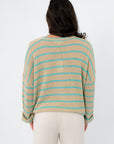 Back view of Coastal Spring Stripe Sweater with mocha and aqua horizontal stripes, highlighting its relaxed fit and soft knit texture.