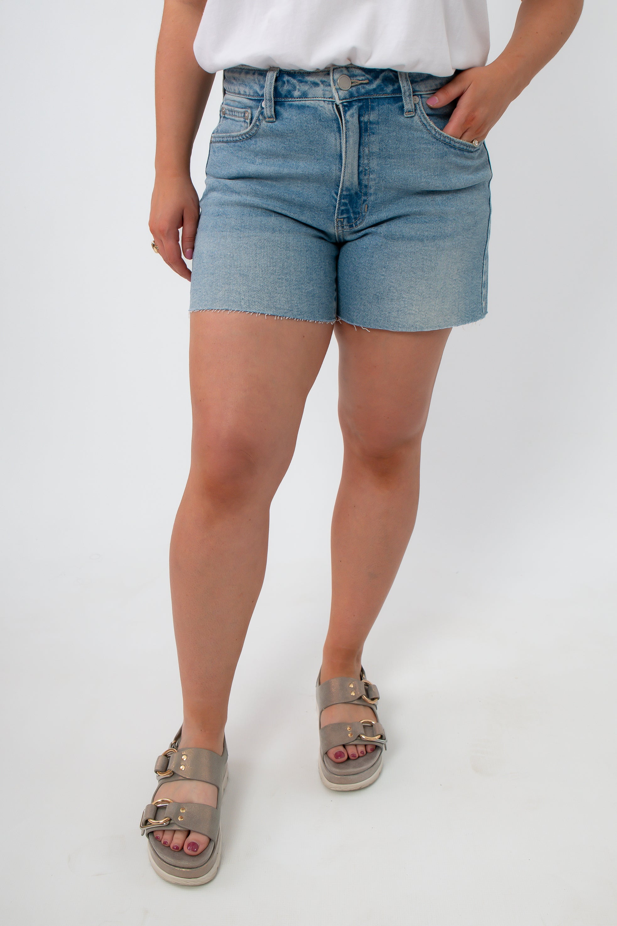 Light wash denim shorts with frayed hem, women's summer jean shorts