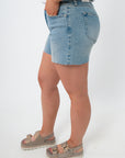 Back view of light wash denim shorts with pockets, women's summer jean shorts