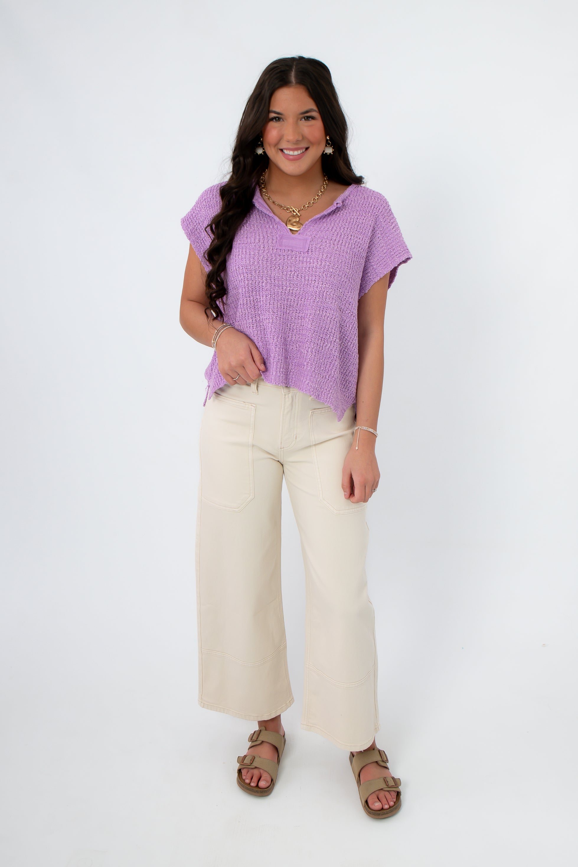 Wisteria Willow Short Sleeve Lilac Sweater paired with cream wide-leg pants and sandals, perfect lightweight top for spring and summer outfits.