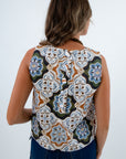 Hip length mosaic patterned sleeveless top for fall, top with buttons down the back, fall sleeveless top