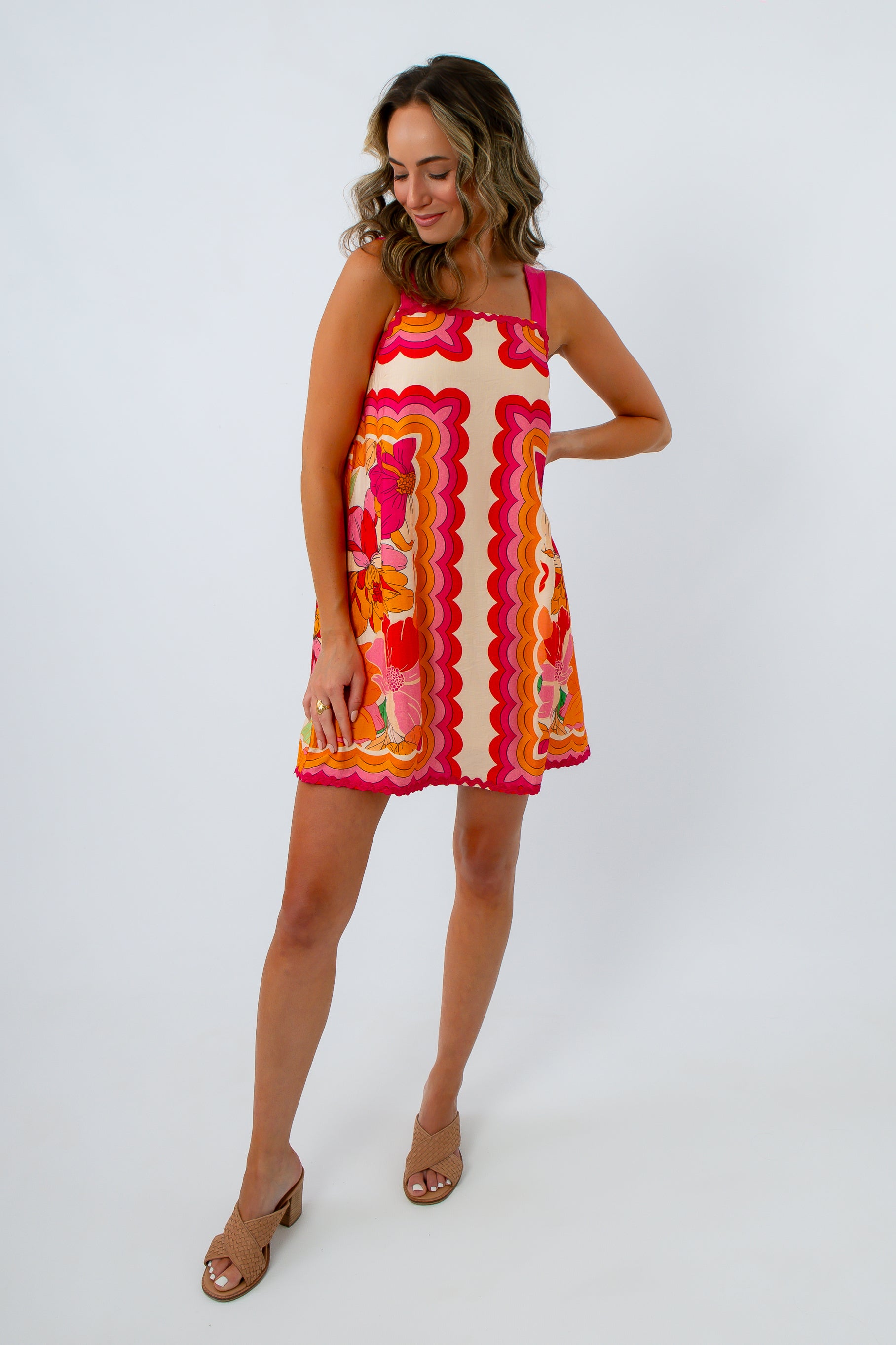 orange and pink floral mini dress