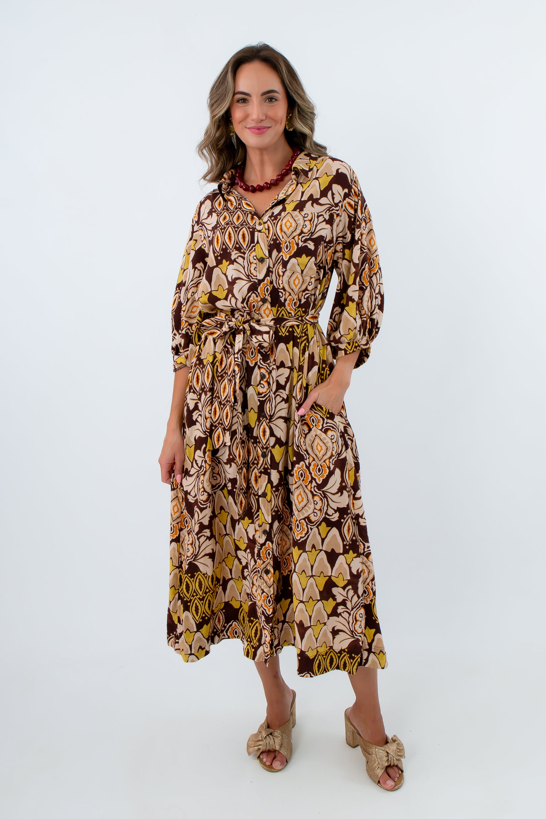 Fall workwear long sleeve brown patterned dress, fall workwear dress, fall dresses for the office, brown patterned dress