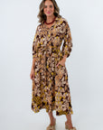Fall workwear long sleeve brown patterned dress, fall workwear dress, fall dresses for the office, brown patterned dress
