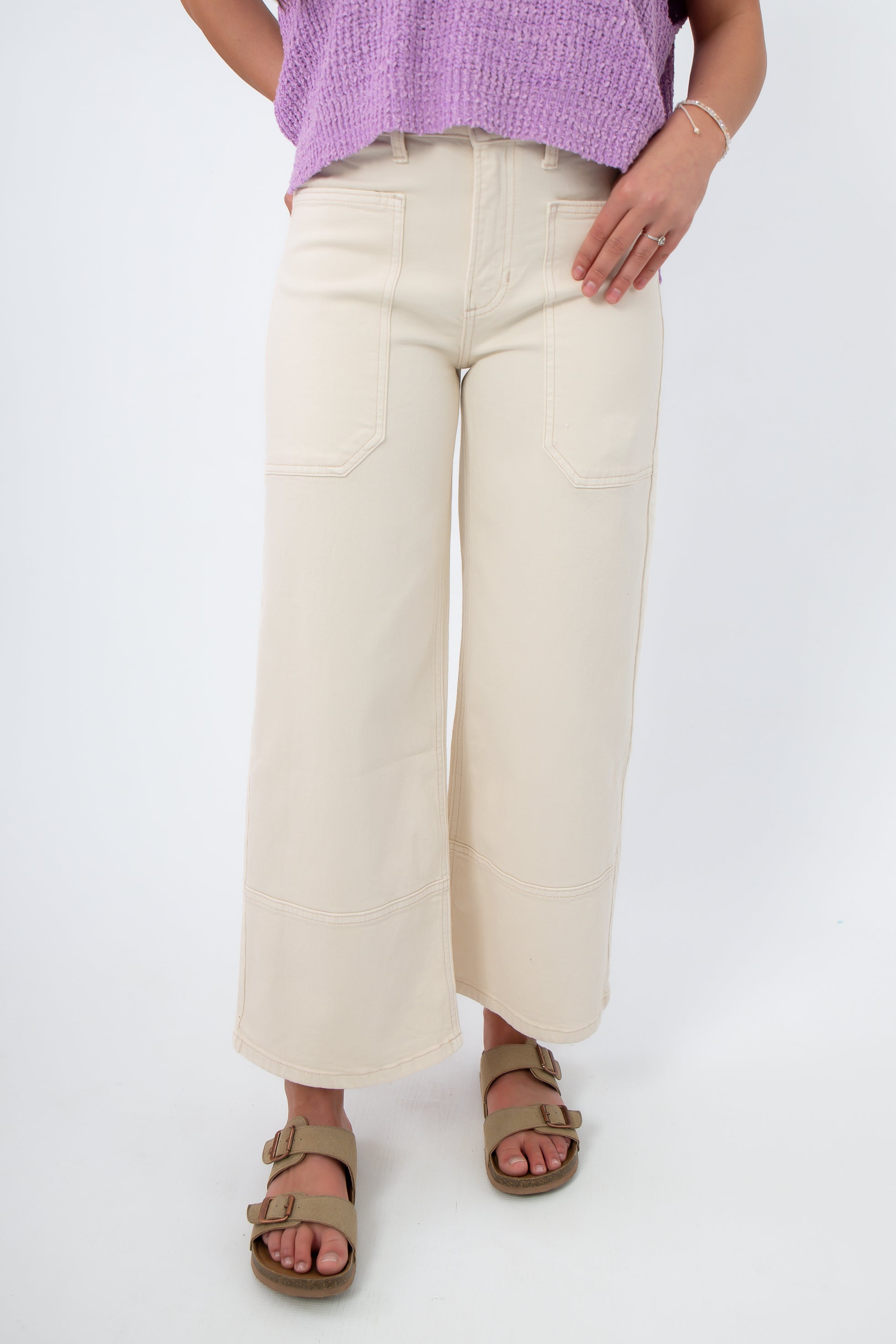 Sea Salt Ecru Cropped Wide Leg Jean with high waist and front patch pockets, styled for spring and summer casual wear.