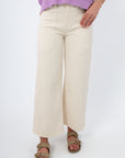 Sea Salt Ecru Cropped Wide Leg Jean with high waist and front patch pockets, styled for spring and summer casual wear.