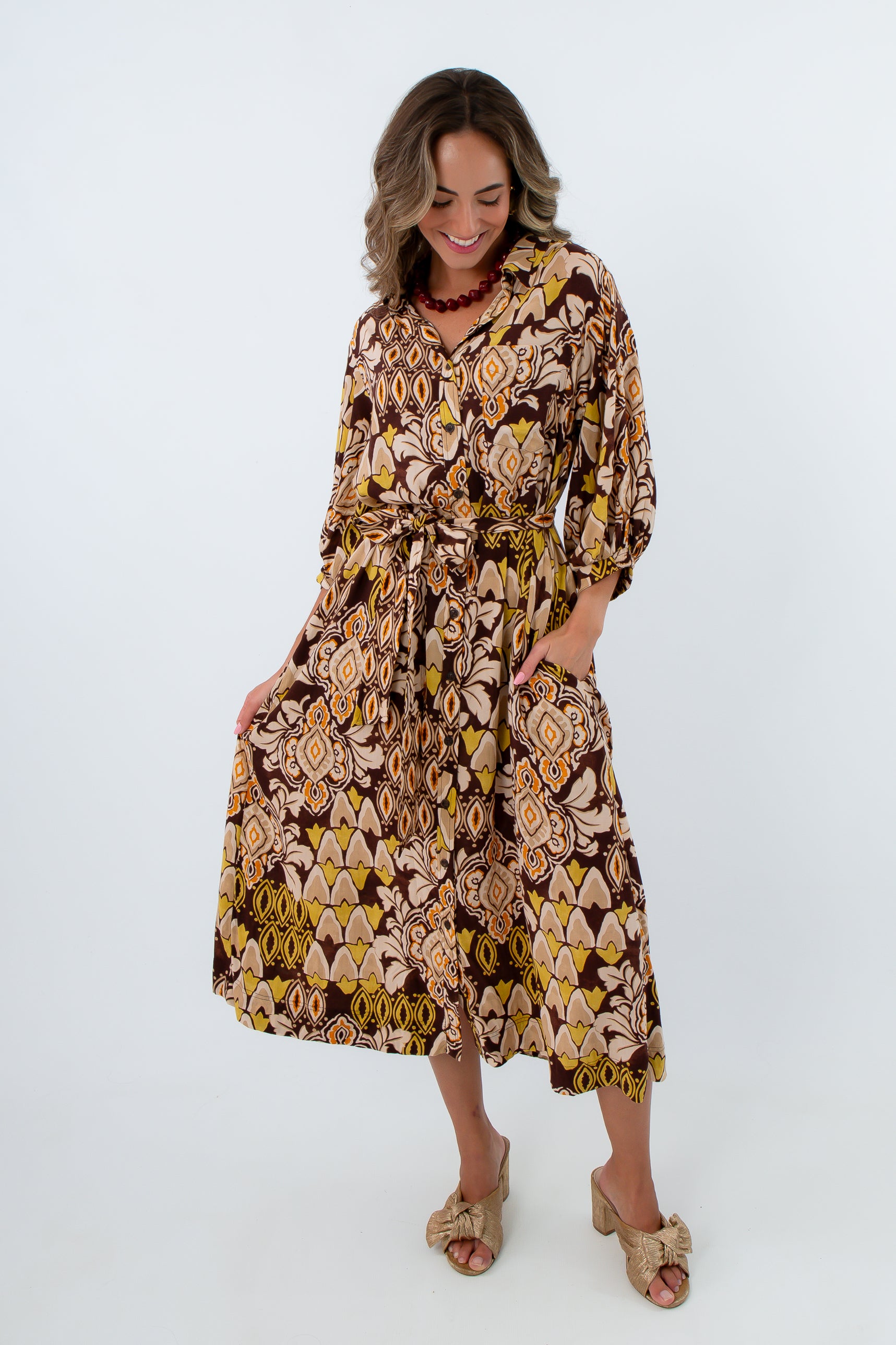 Functional button front side pocket midi dress for fall, dress with buttons on the front, dress with tie around the waist, brown dresses for fall