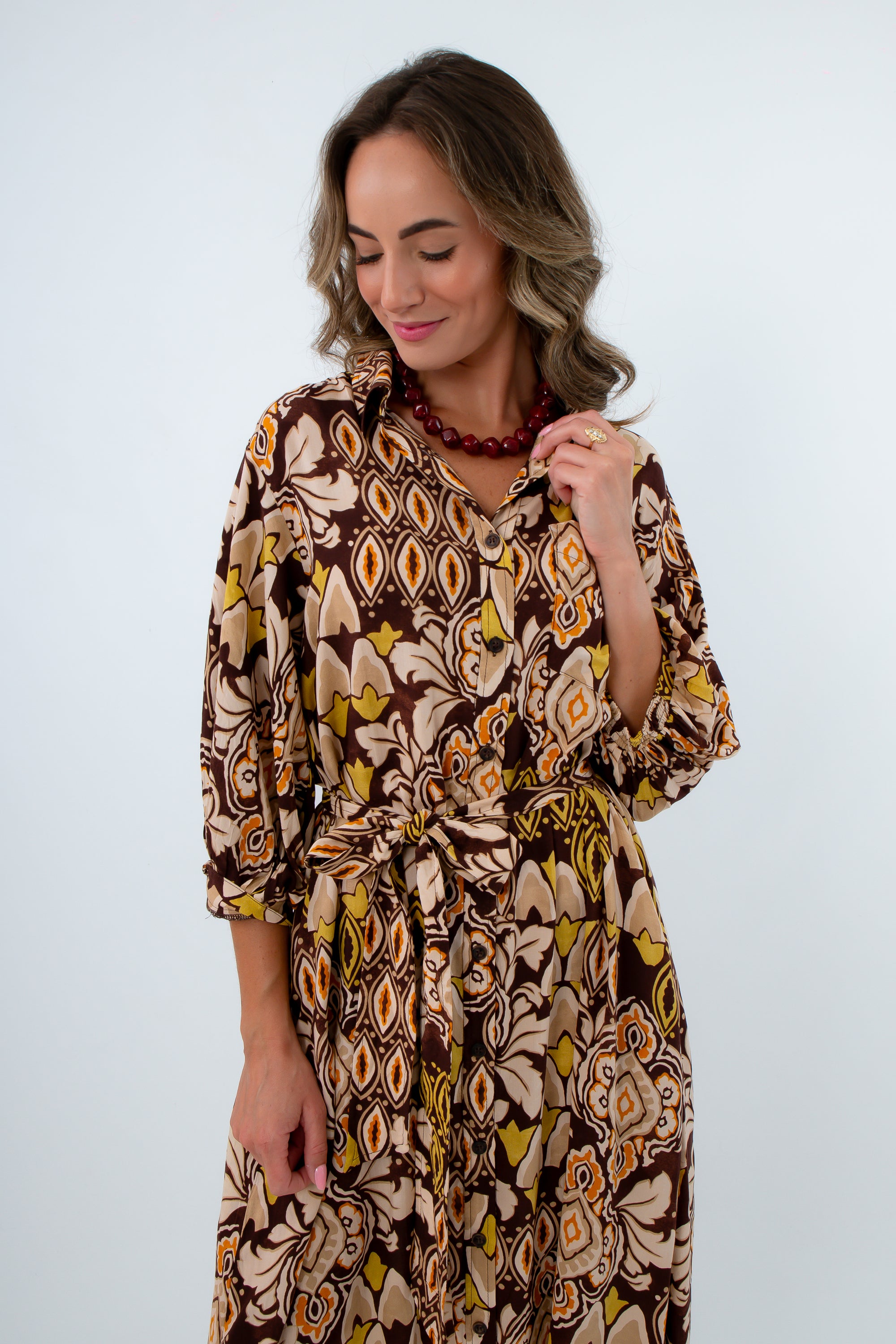 Long Sleeve Midi Dress with button front, long sleeve dresses for fall, fall long dresses, brown long dress