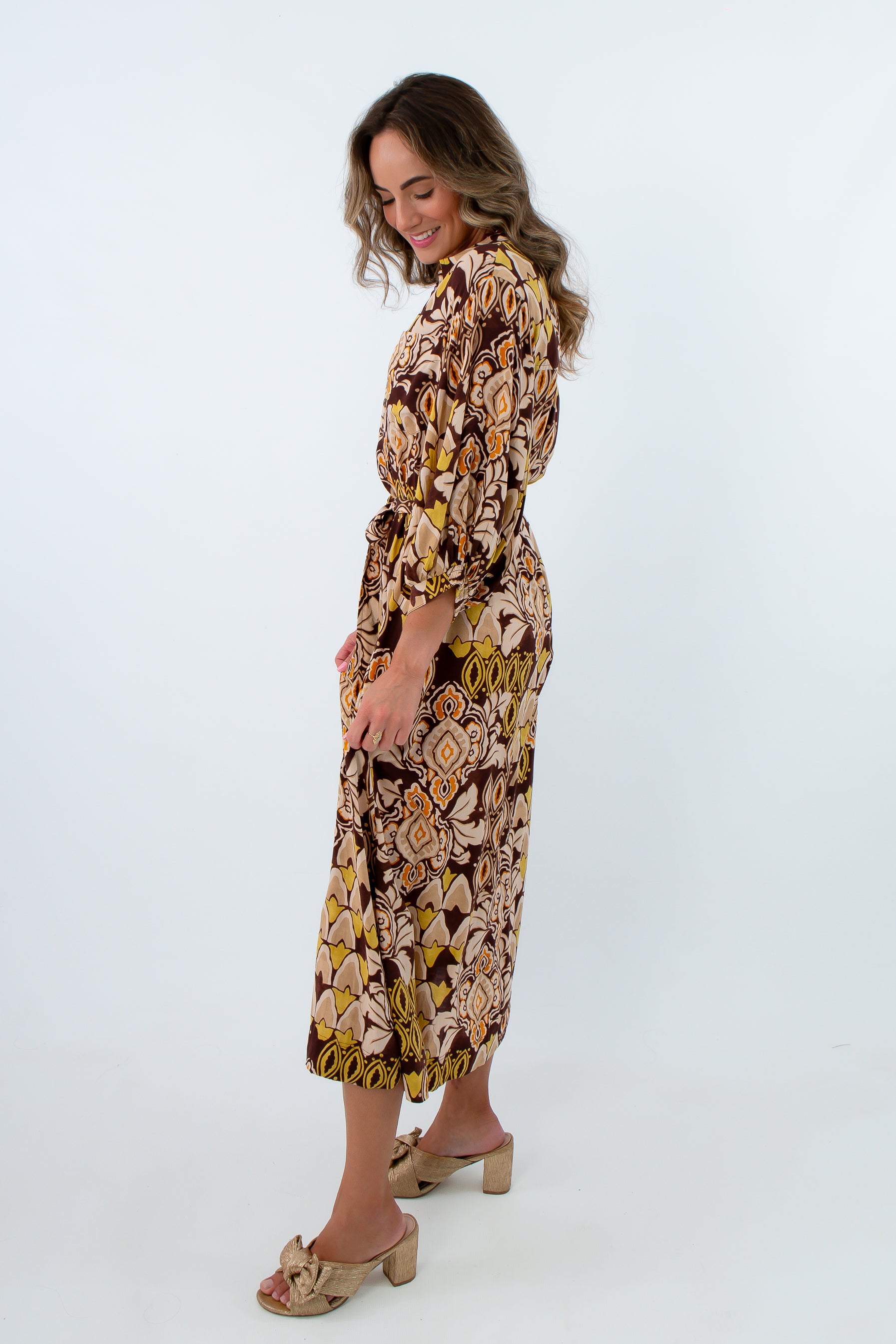 Chartreuse and orange patterned fall midi dress, long brown dress, brown patterned midi dress, fall workwear