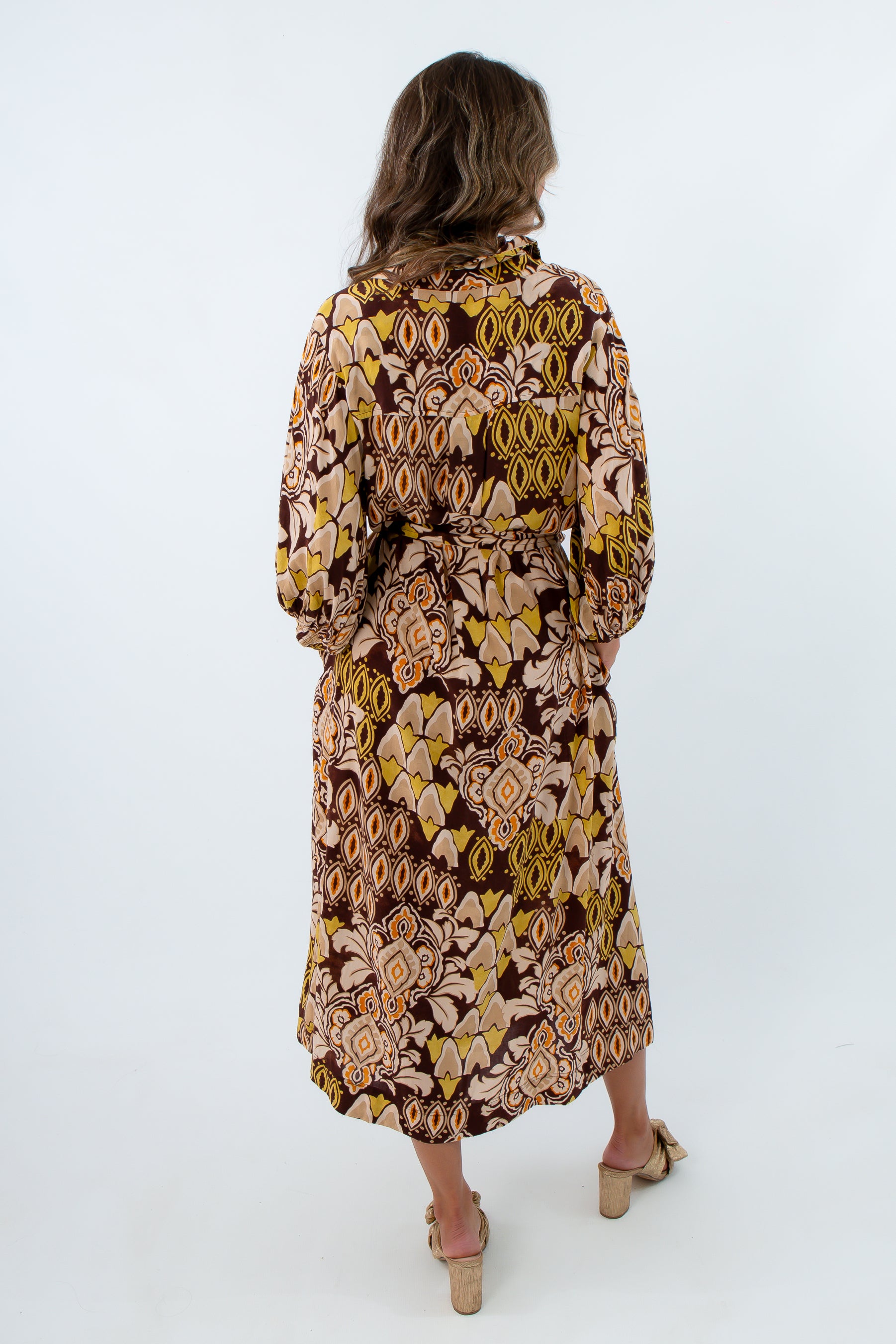 Brown patterned dress, long sleeve dress for fall, brown dress for fall workwear