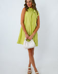 Poplin Pinstripe Lime Green Tie Neck Dress