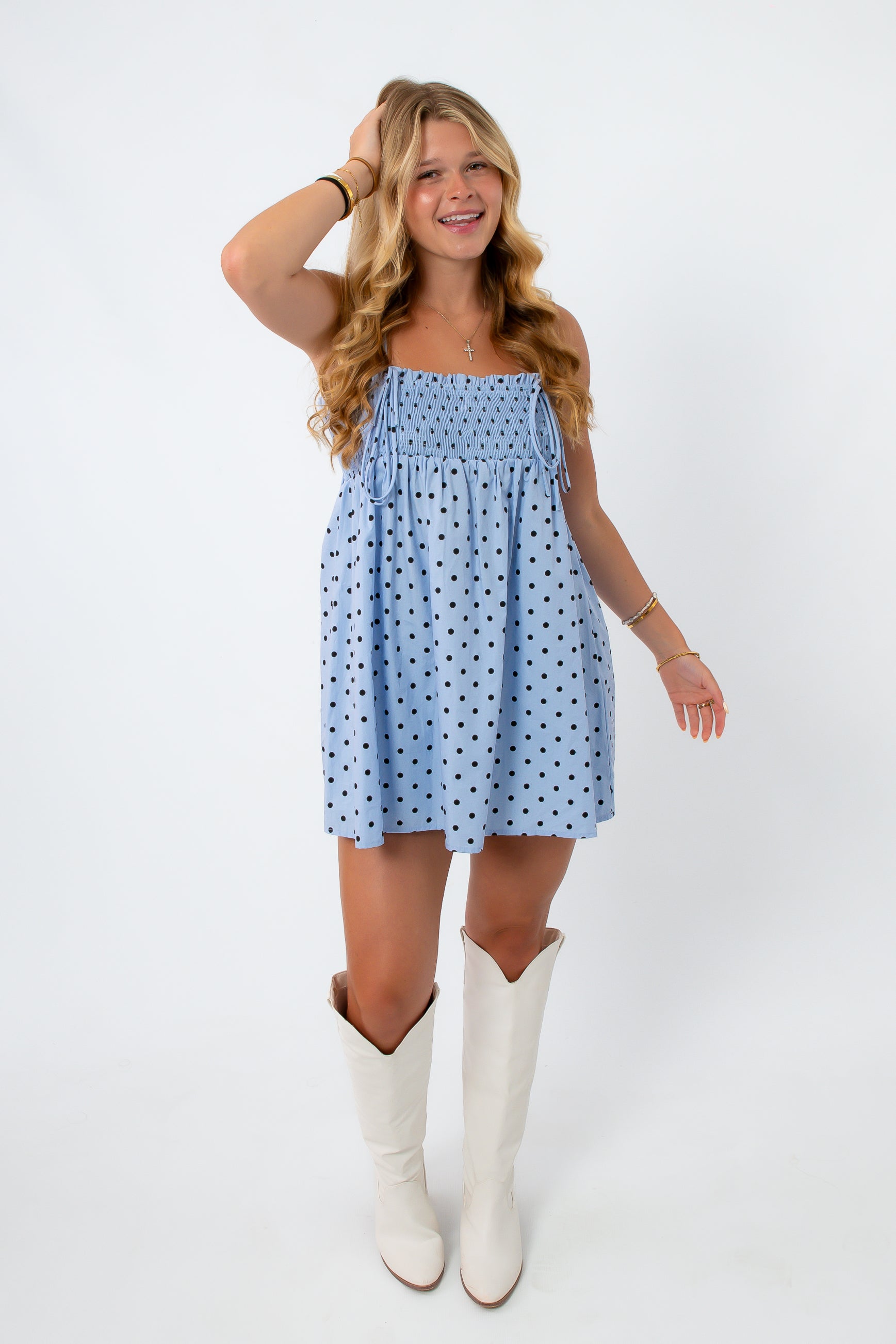 Mod Moment Light Blue Polka Dot Smocked Mini Dress | Spring Dress S Mod Moment Light Blue Polka Dot Smocked Mini Dress | Spring Dress S