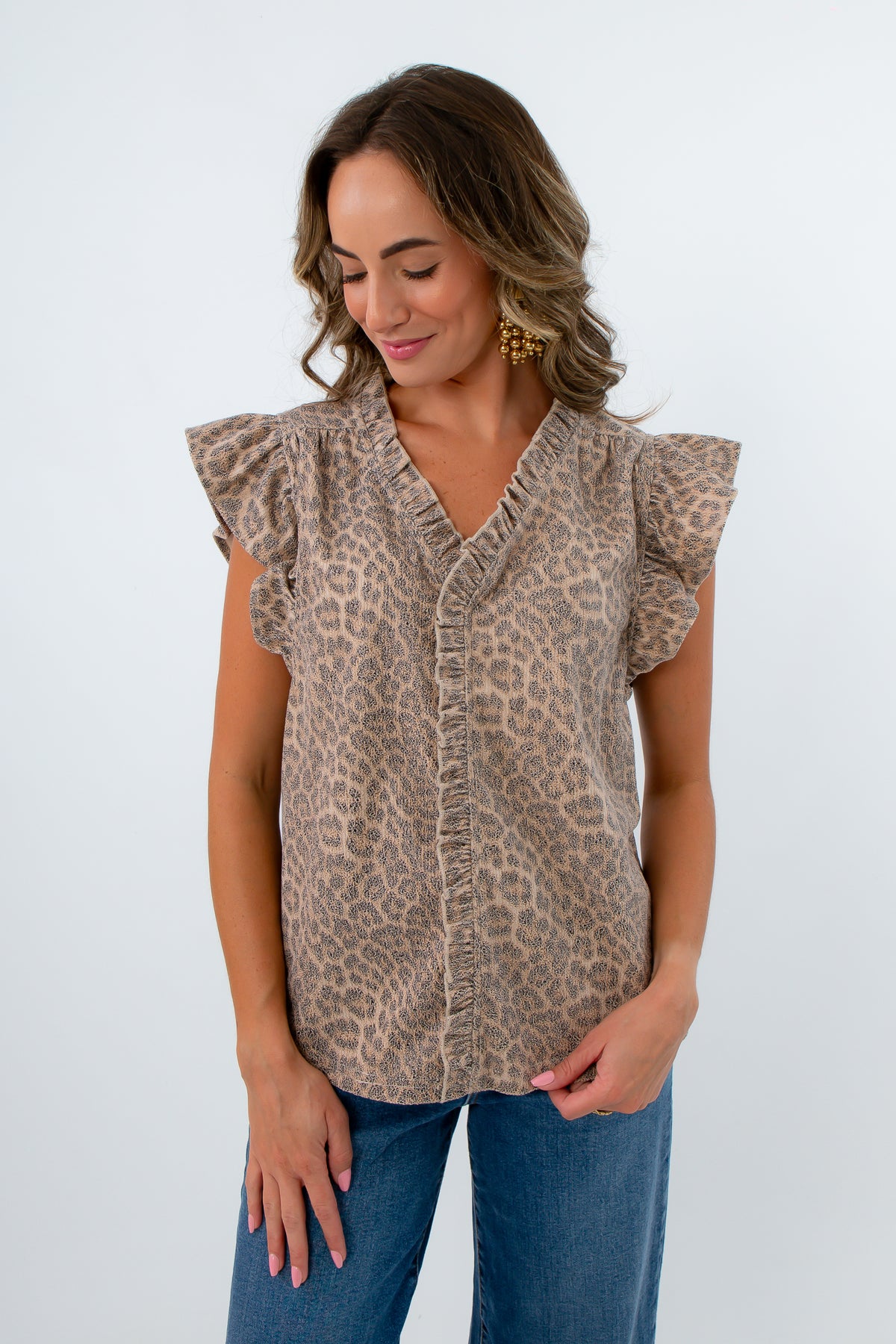 Cheetah suede ruffle top for fall workwear, Leopard suede ruffle top for fall workwear
